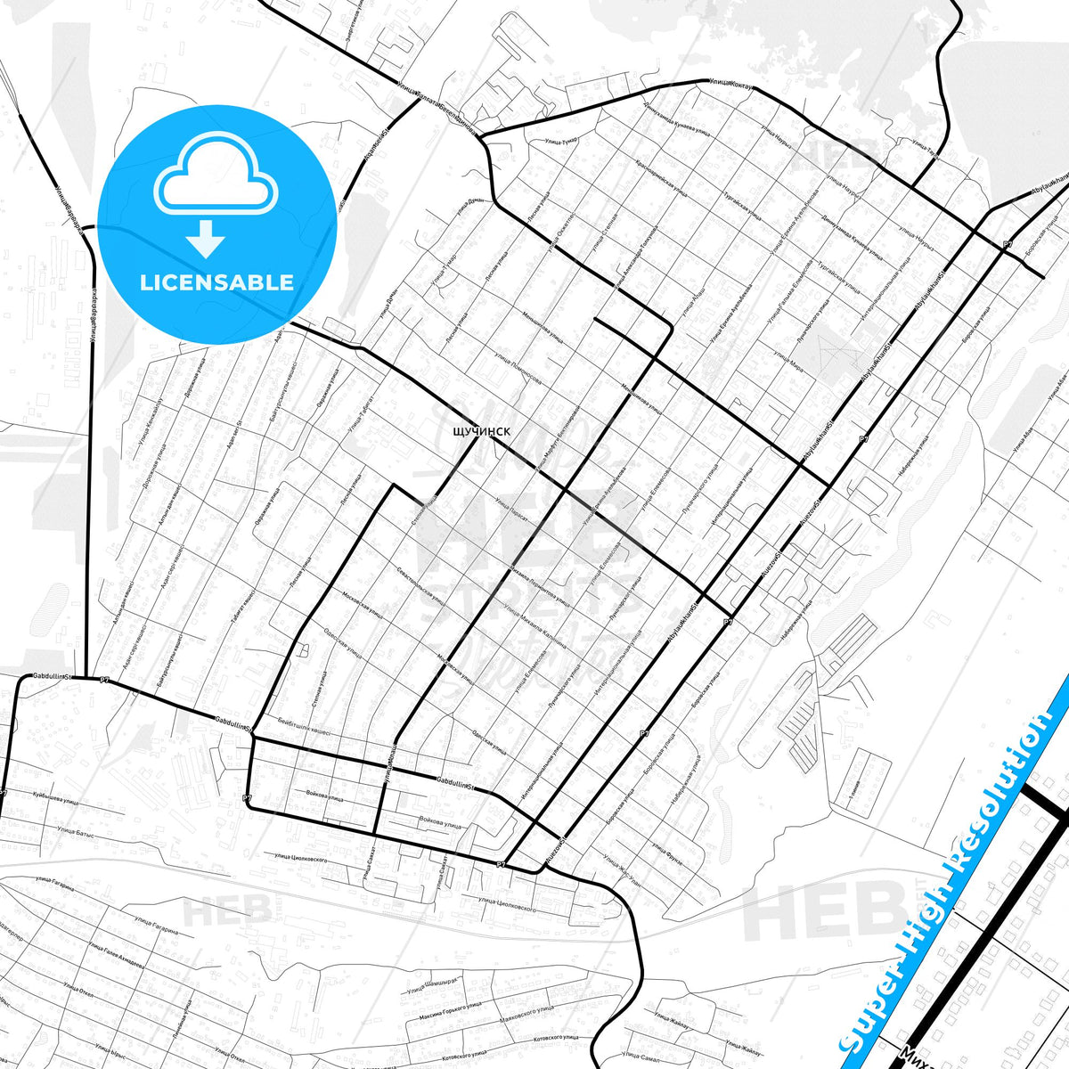 Schuchinsk, Kazakhstan Light Map with Street Names, City Names, and Districts