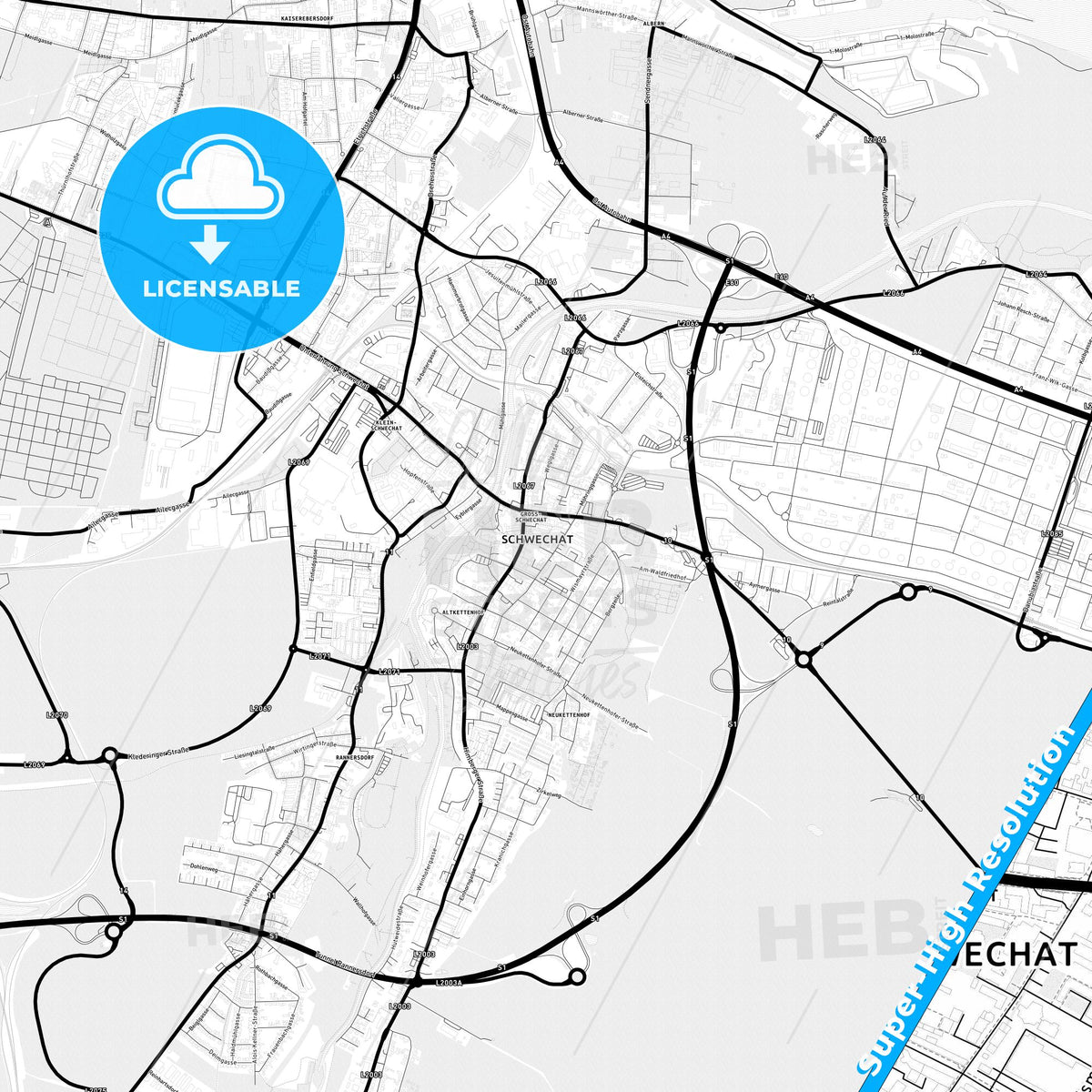 Schwechat, Austria Light Map with Street Names, City Names, and Districts