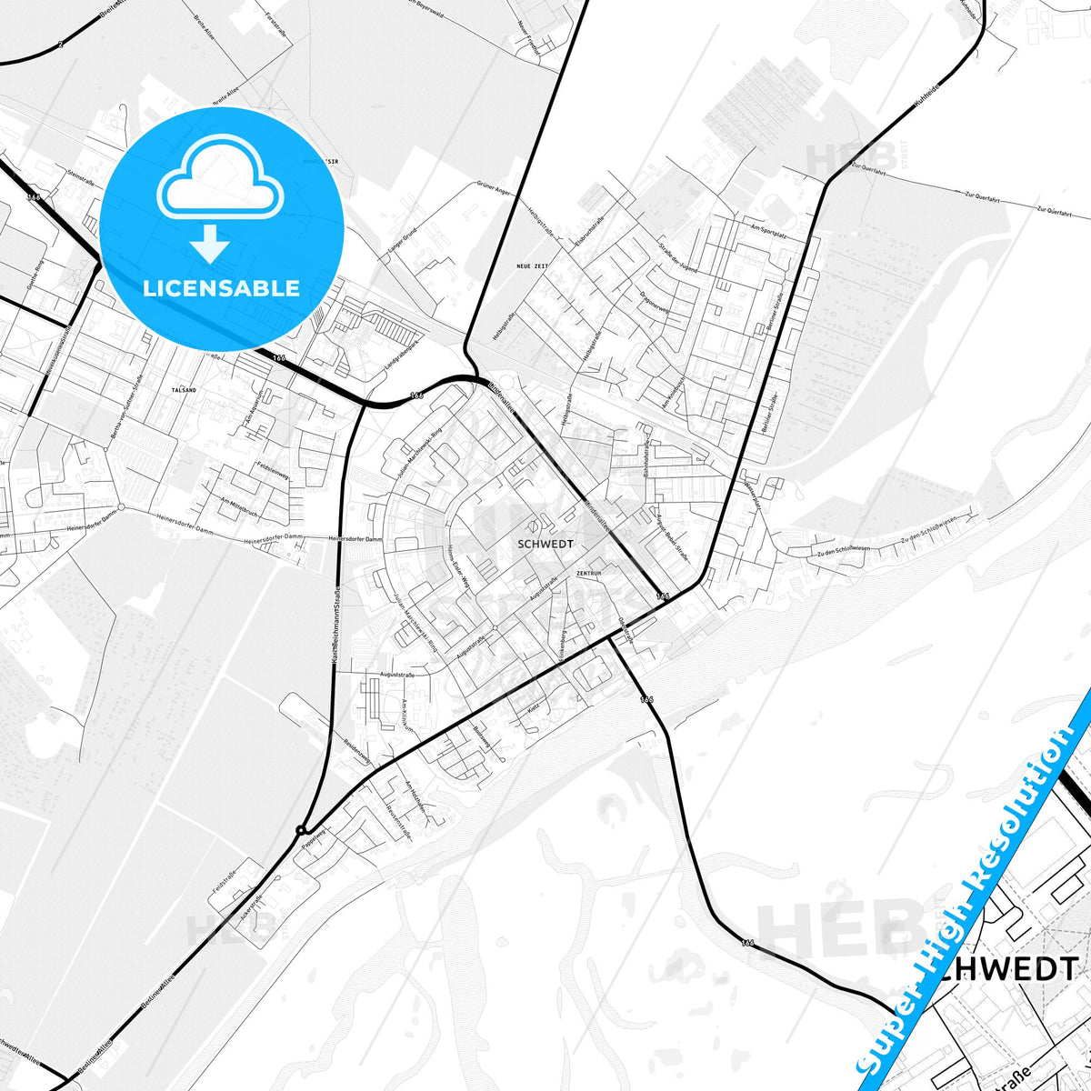 Schwedt/Oder, Germany Light Map with Street Names, City Names, and Districts
