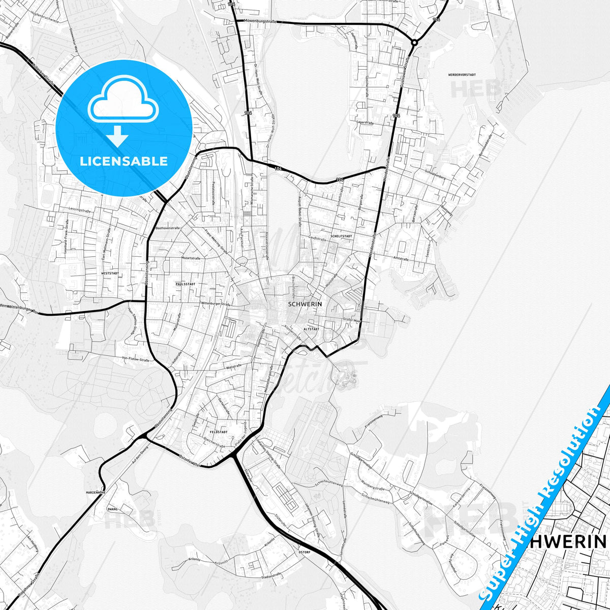 Schwerin, Germany Light Map with Street Names, City Names, and Districts