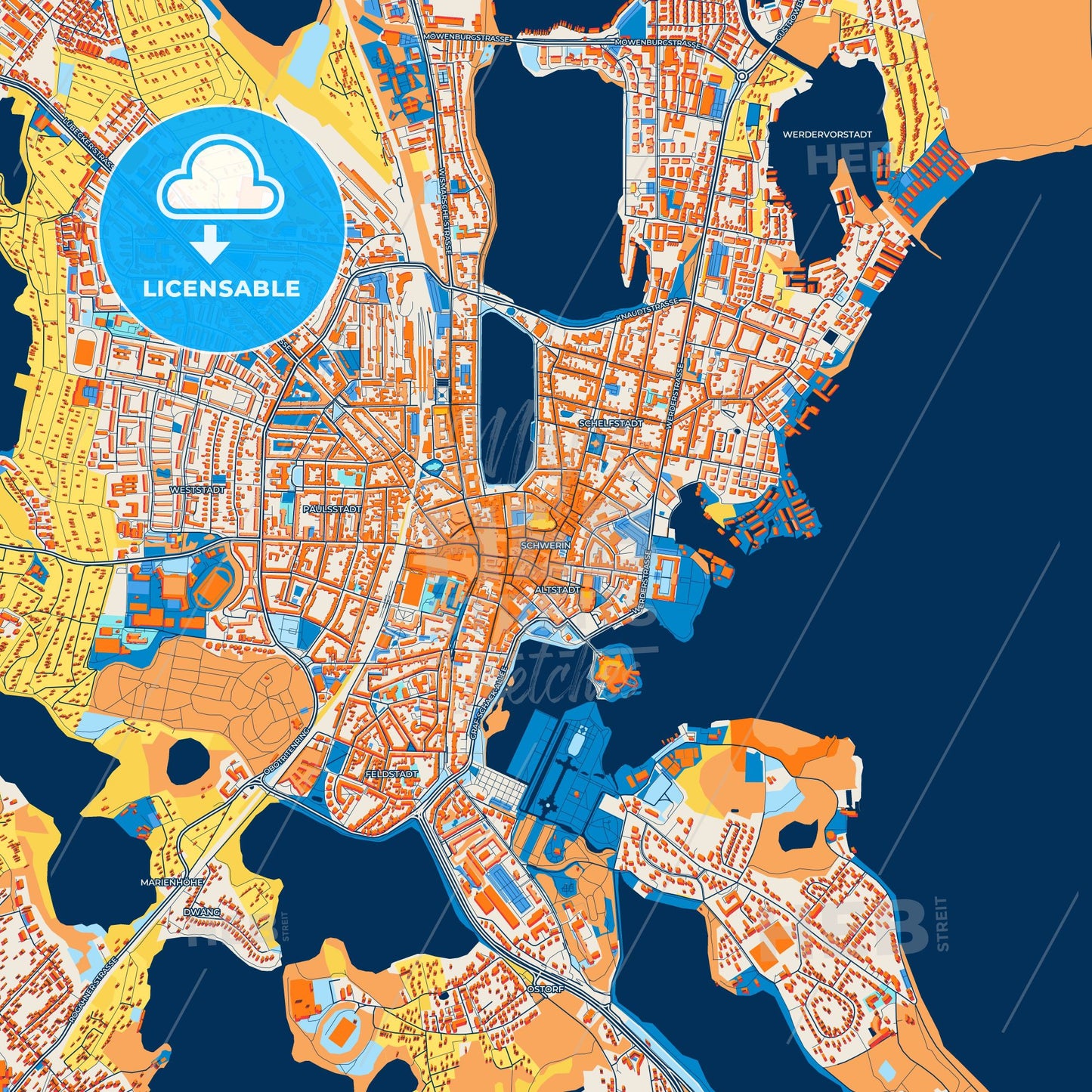 Colorful Schwerin Street Map with Labels and Buildings