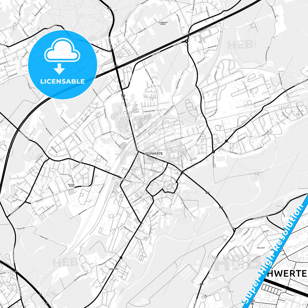 Schwerte, Germany Light Map with Street Names, City Names, and Districts