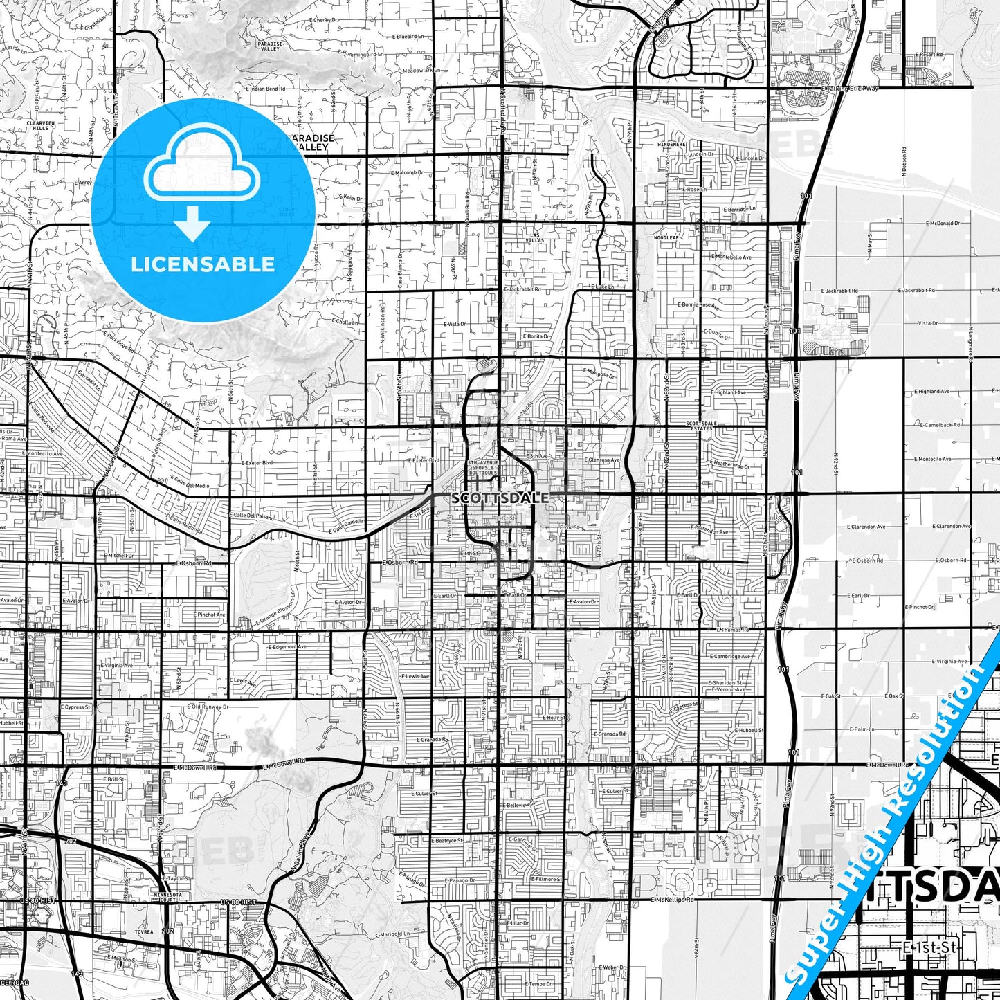 Scottsdale, Arizona Light Map with Street Names, City Names, and Districts