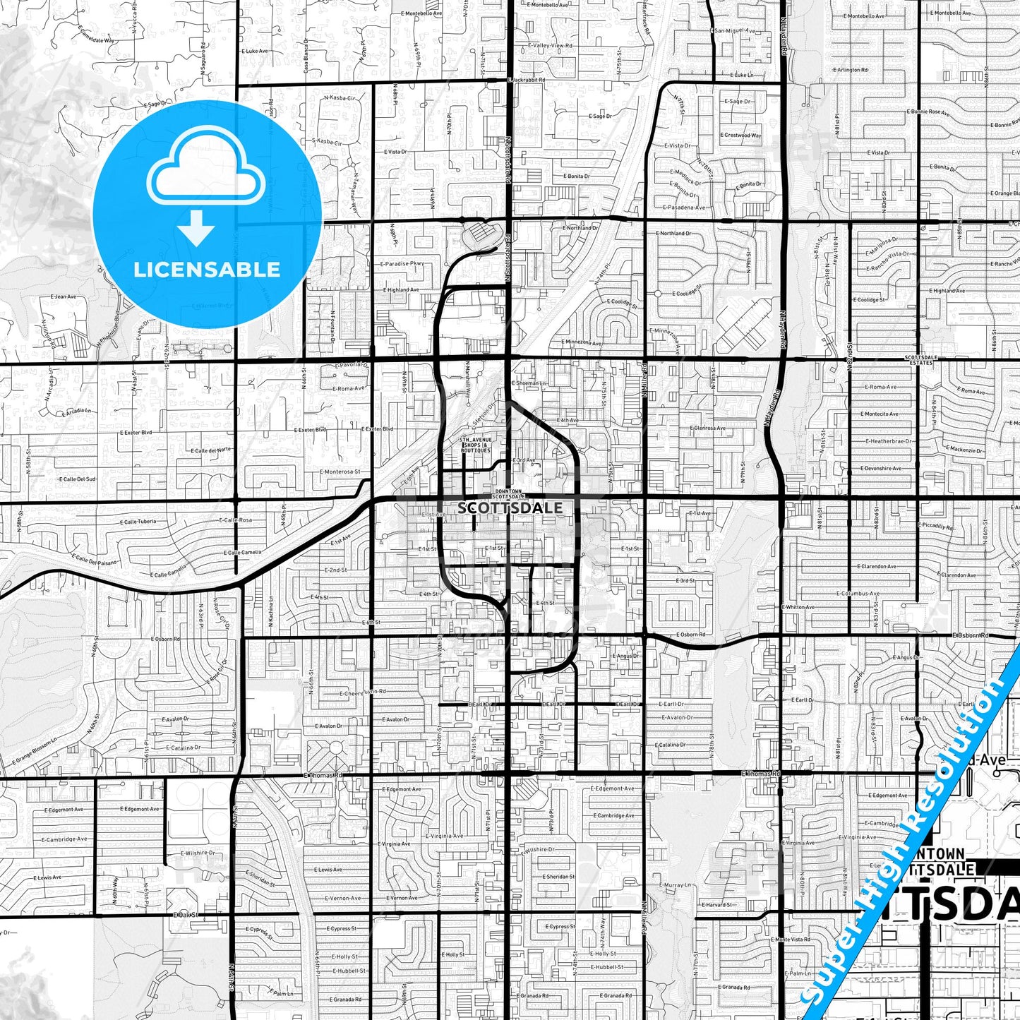 Scottsdale, Arizona Light Map with Street Names, City Names, and Districts