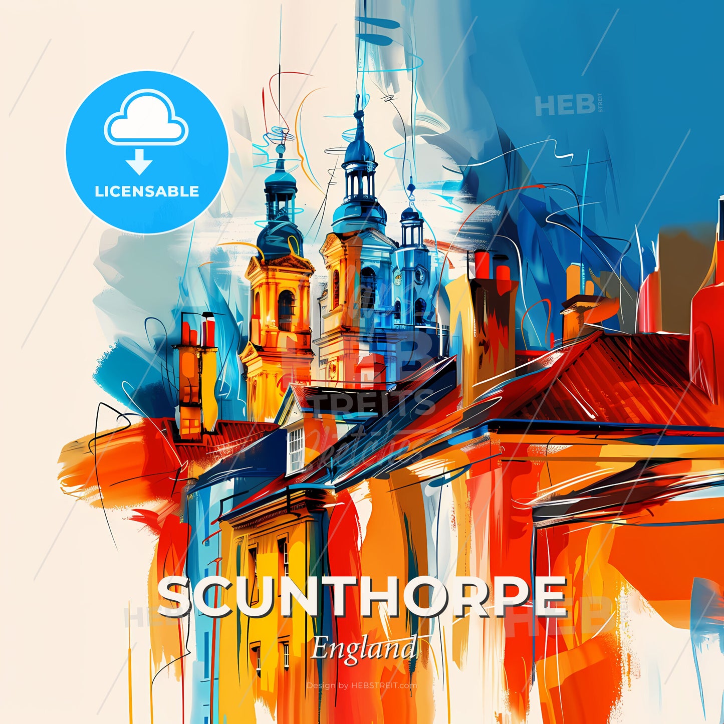 Vibrant Scunthorpe, England - A Painting Of A Building With Towers - Square format print template