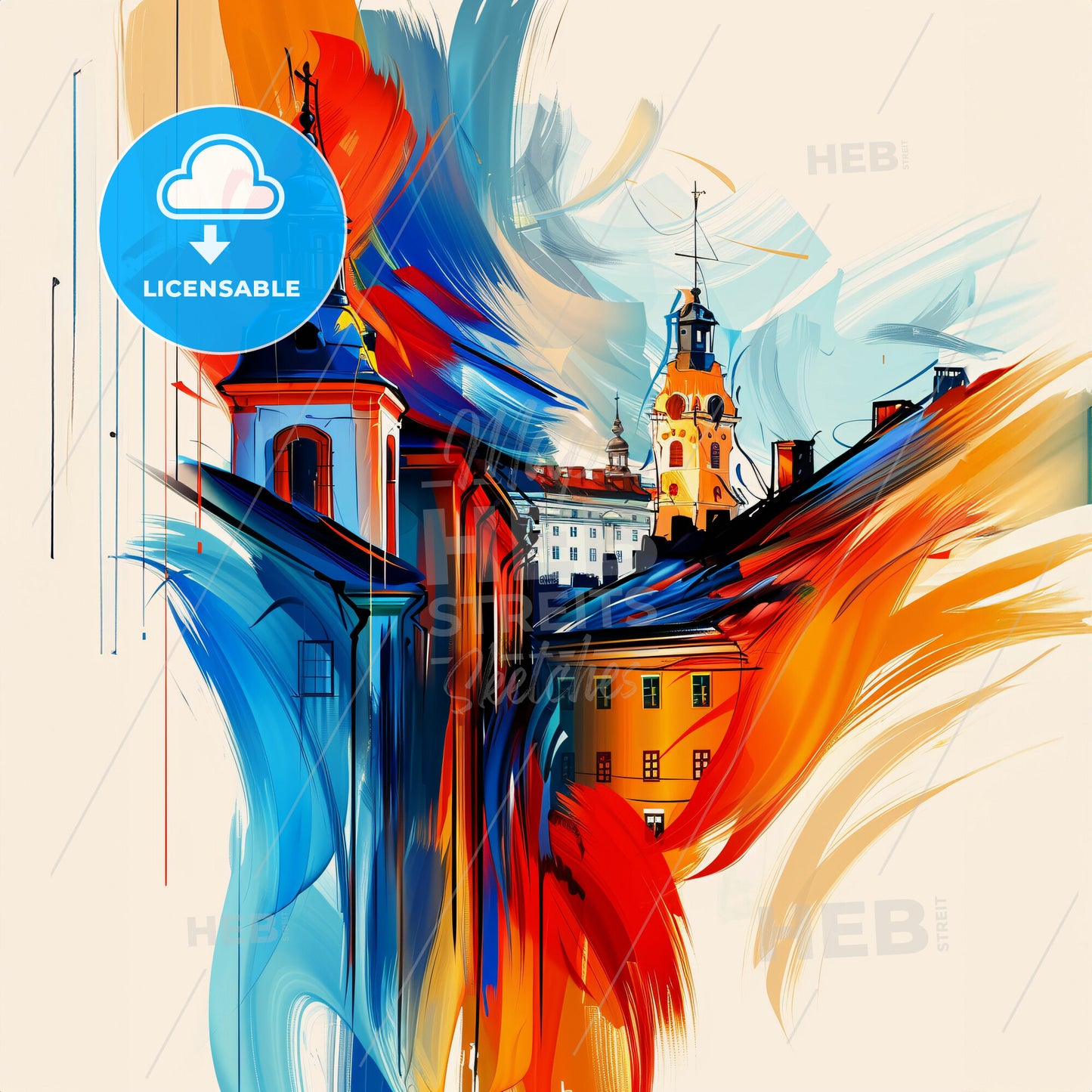 Vibrant Södertälje, Sweden - A Painting Of Buildings And A Colorful Brushstroke