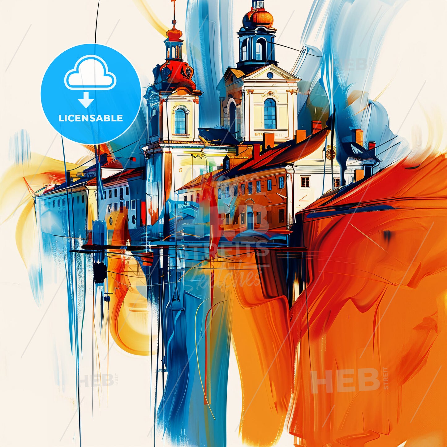 Vibrant Södertälje, Sweden - A Painting Of A Building With Towers And A Colorful Background