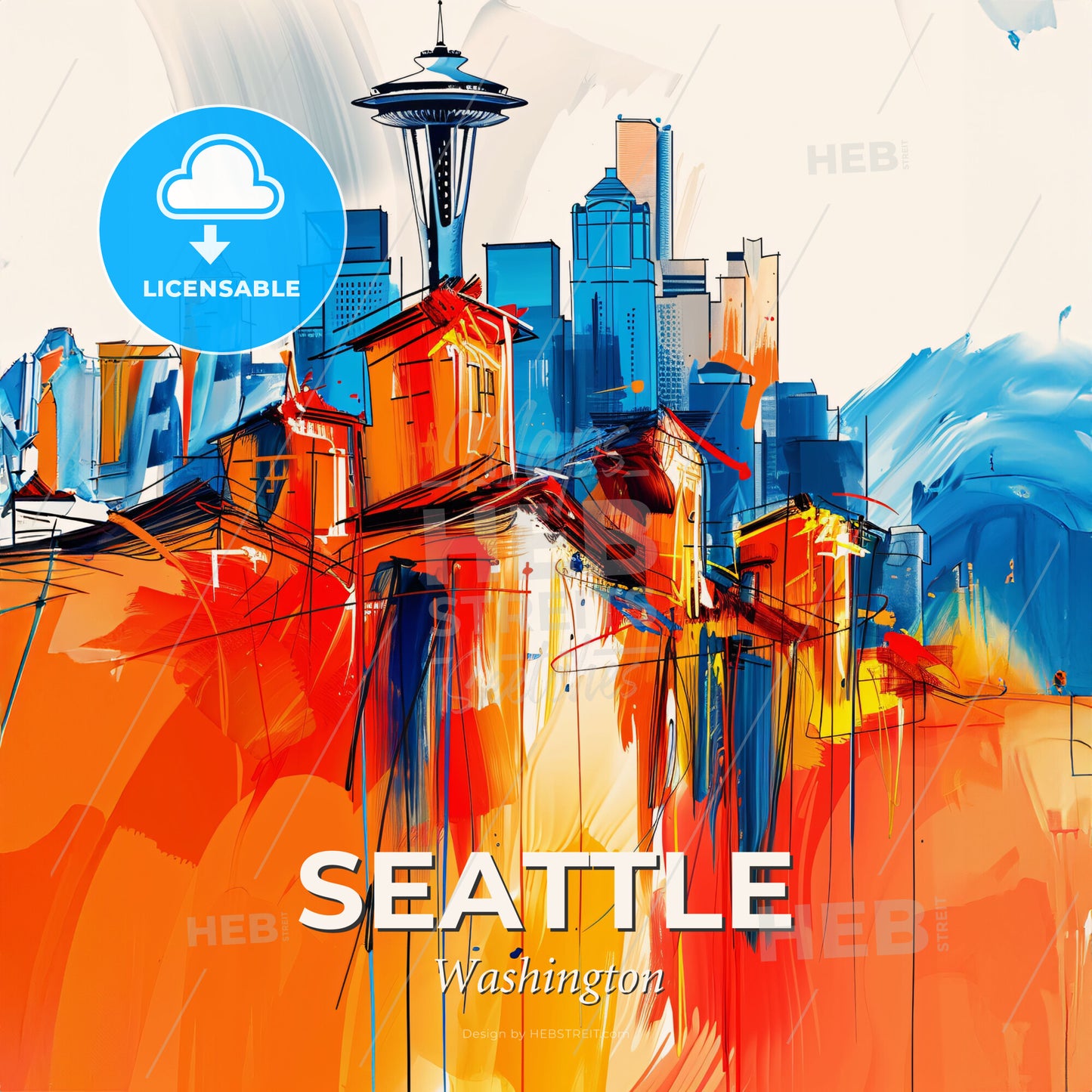 Vibrant Seattle, Washington - A Painting Of A City With A Space Needle - Square format print template