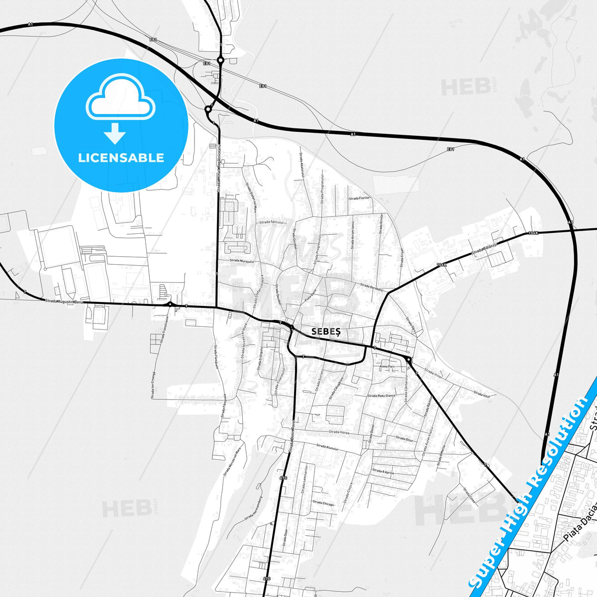 Sebeș, Romania Light Map with Street Names, City Names, and Districts