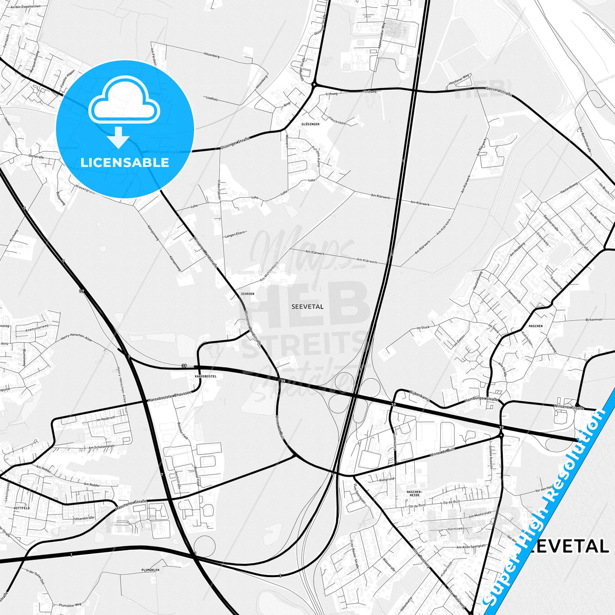 Seevetal, Germany Light Map with Street Names, City Names, and Districts