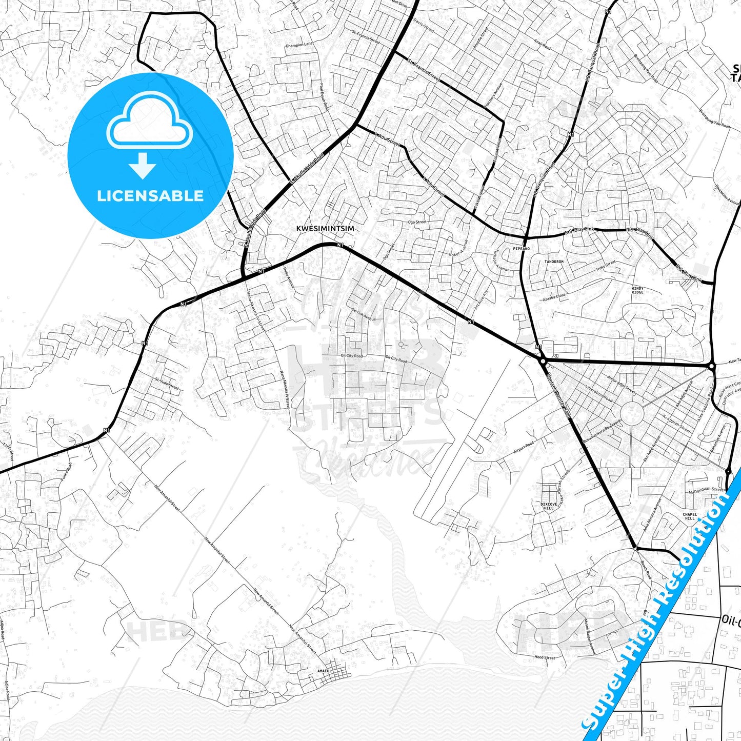 Sekondi-Takoradi, Ghana Light Map with Street Names, City Names, and Districts