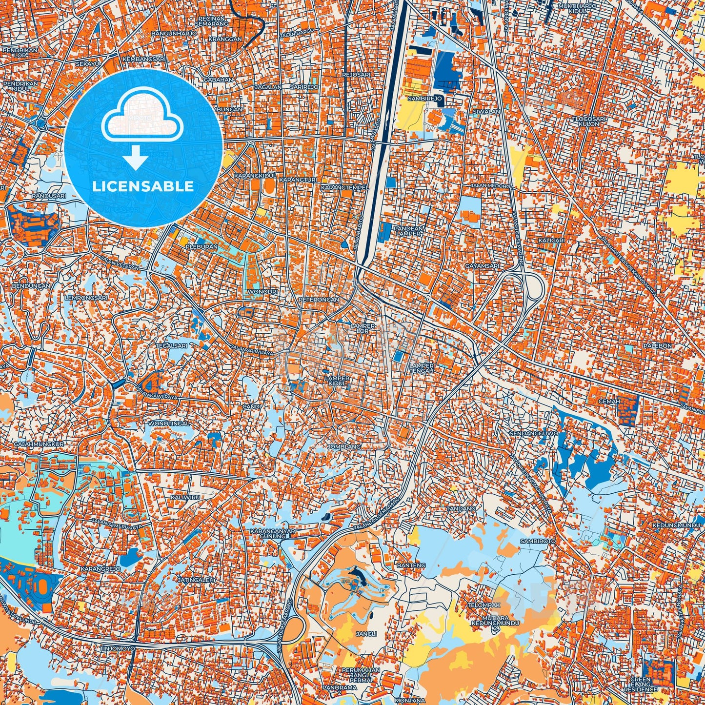 Colorful Semarang Street Map with Labels and Buildings