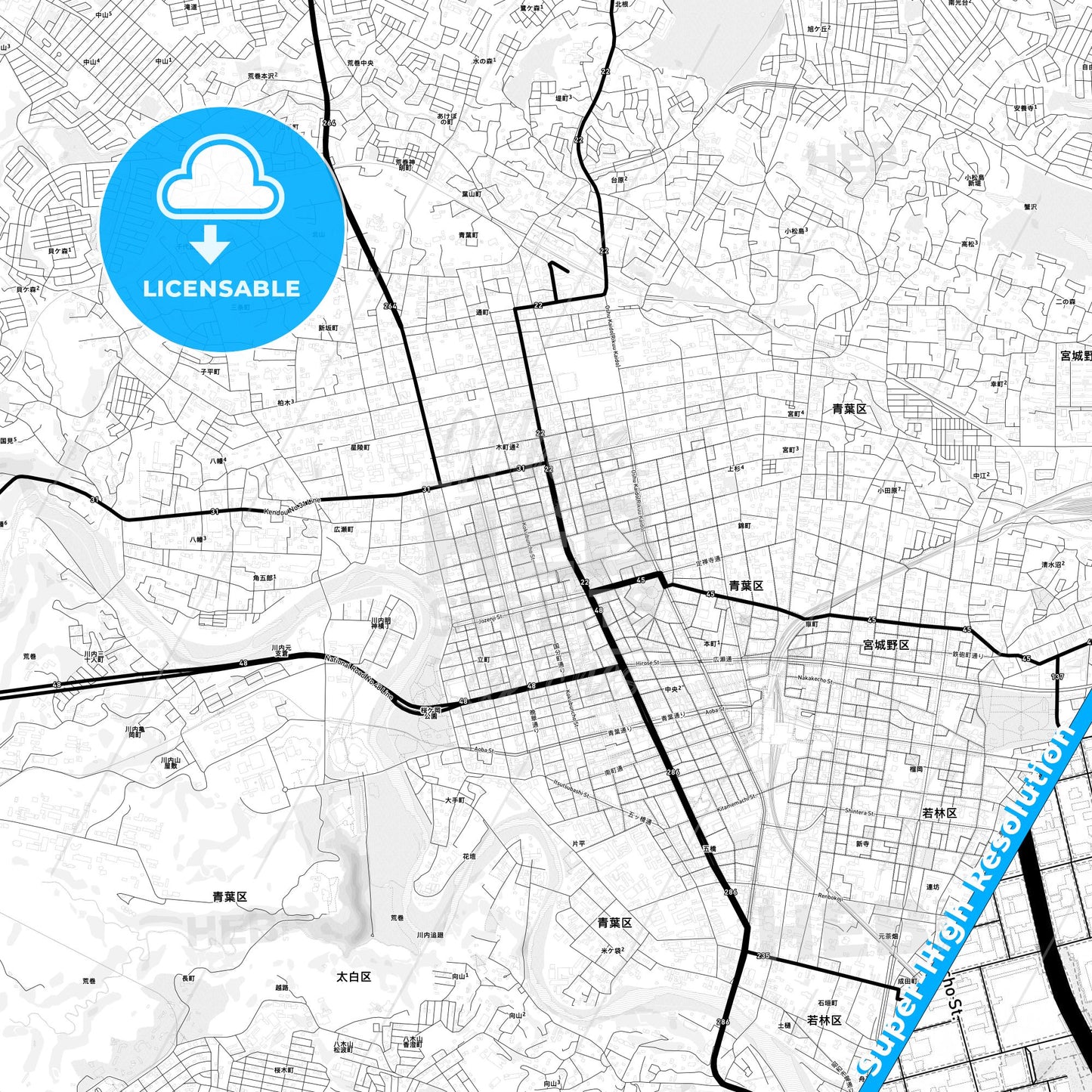 Sendai, Japan Light Map with Street Names, City Names, and Districts