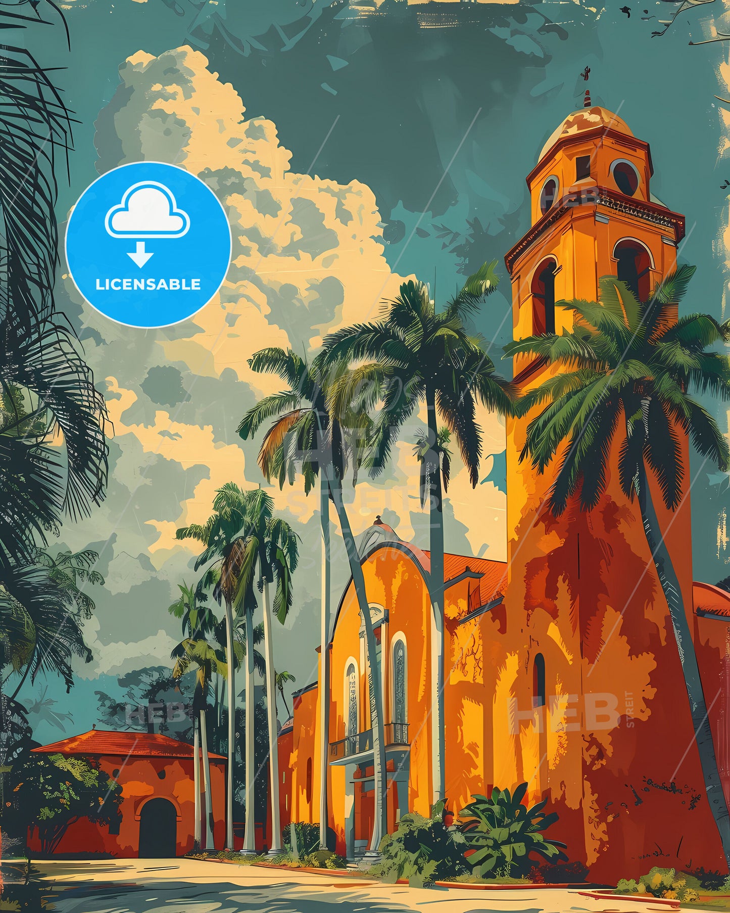 Senegal, Africa - Colorful & Vibrant Painting of a Building with Palm Trees