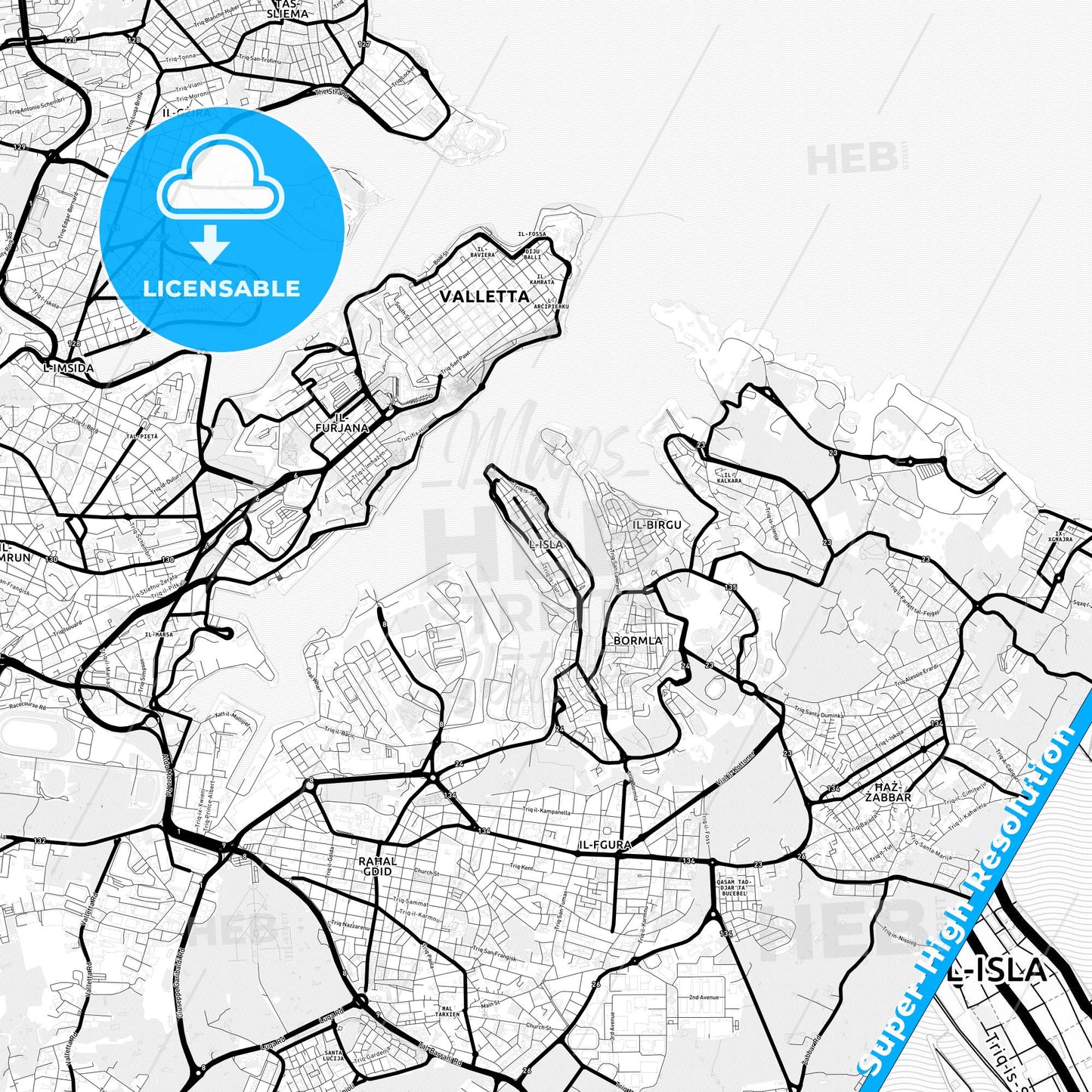 Senglea, Malta Light Map with Street Names, City Names, and Districts