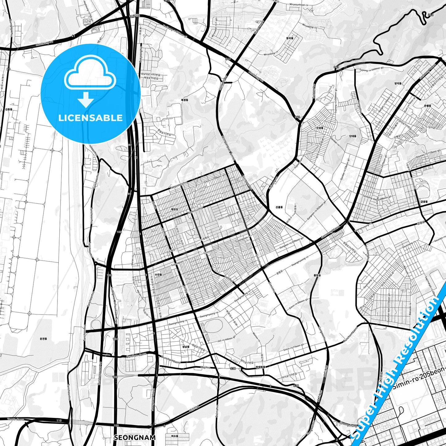 Seongnam, South Korea Light Map with Street Names, City Names, and Districts