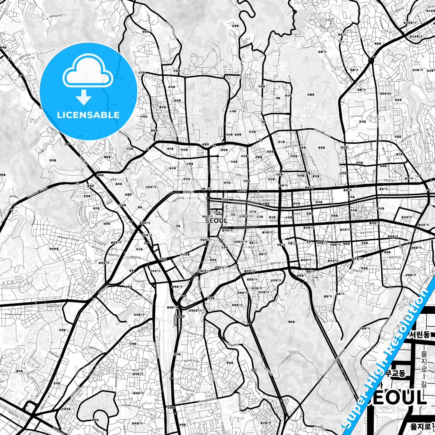 Seoul, South Korea Light Map with Street Names, City Names, and Districts