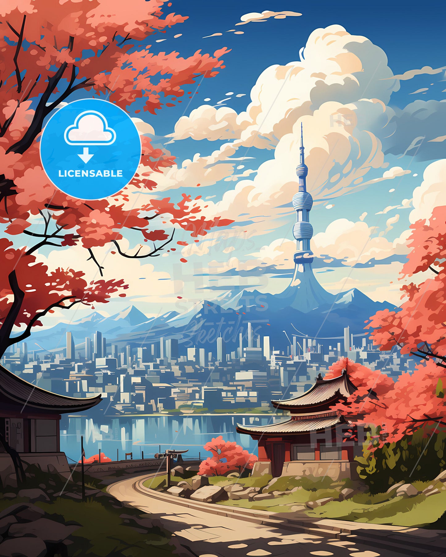 Vibrant Cityscape Art of Seoul South Korea Skyline with Tower