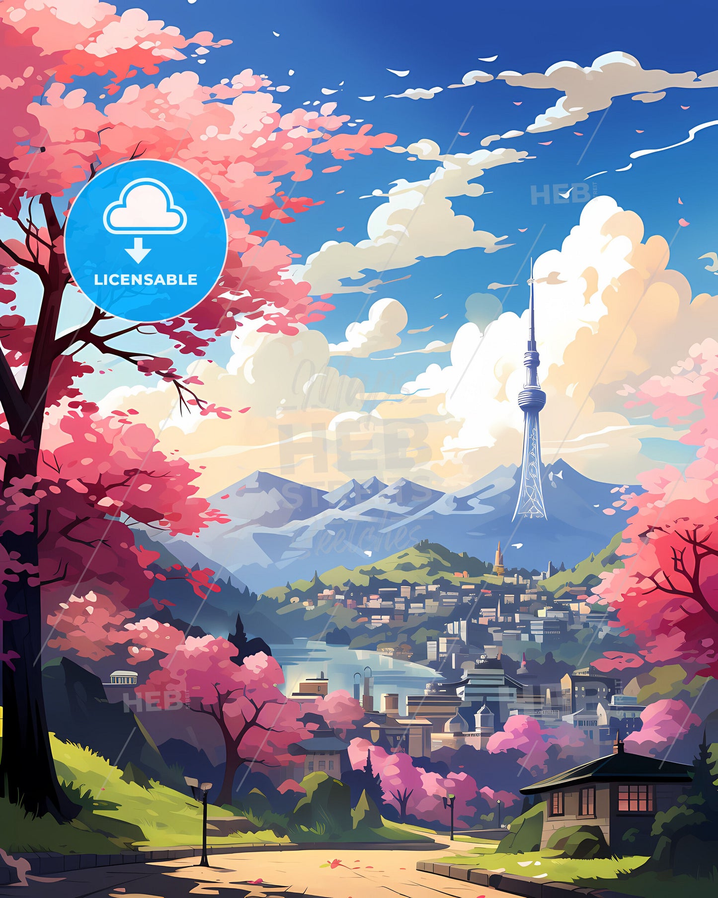 Artistic Seoul Skyline Landscape with Pink Trees and Tower