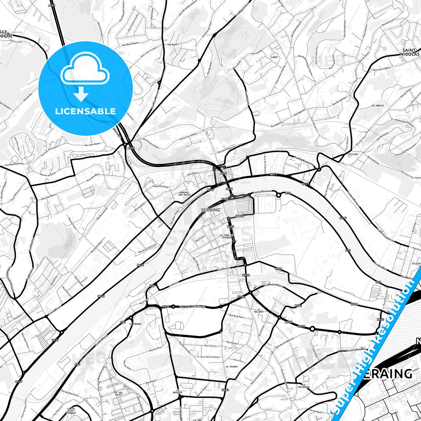 Seraing, Belgium Light Map with Street Names, City Names, and Districts