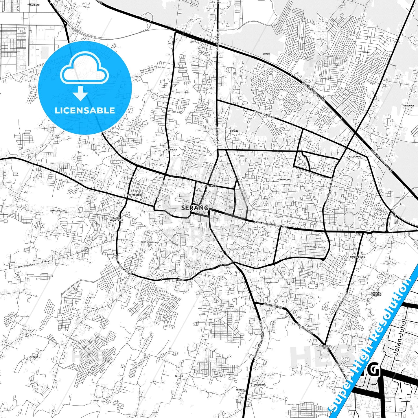 Serang, Indonesia Light Map with Street Names, City Names, and Districts