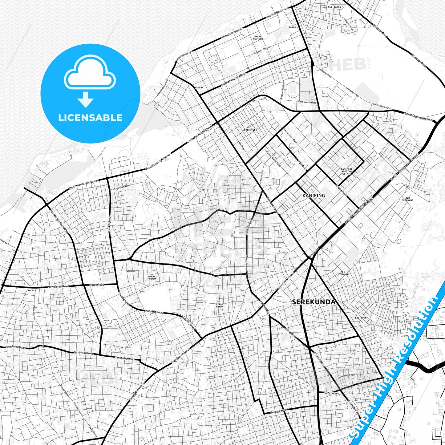 Serekunda, Gambia Light Map with Street Names, City Names, and Districts
