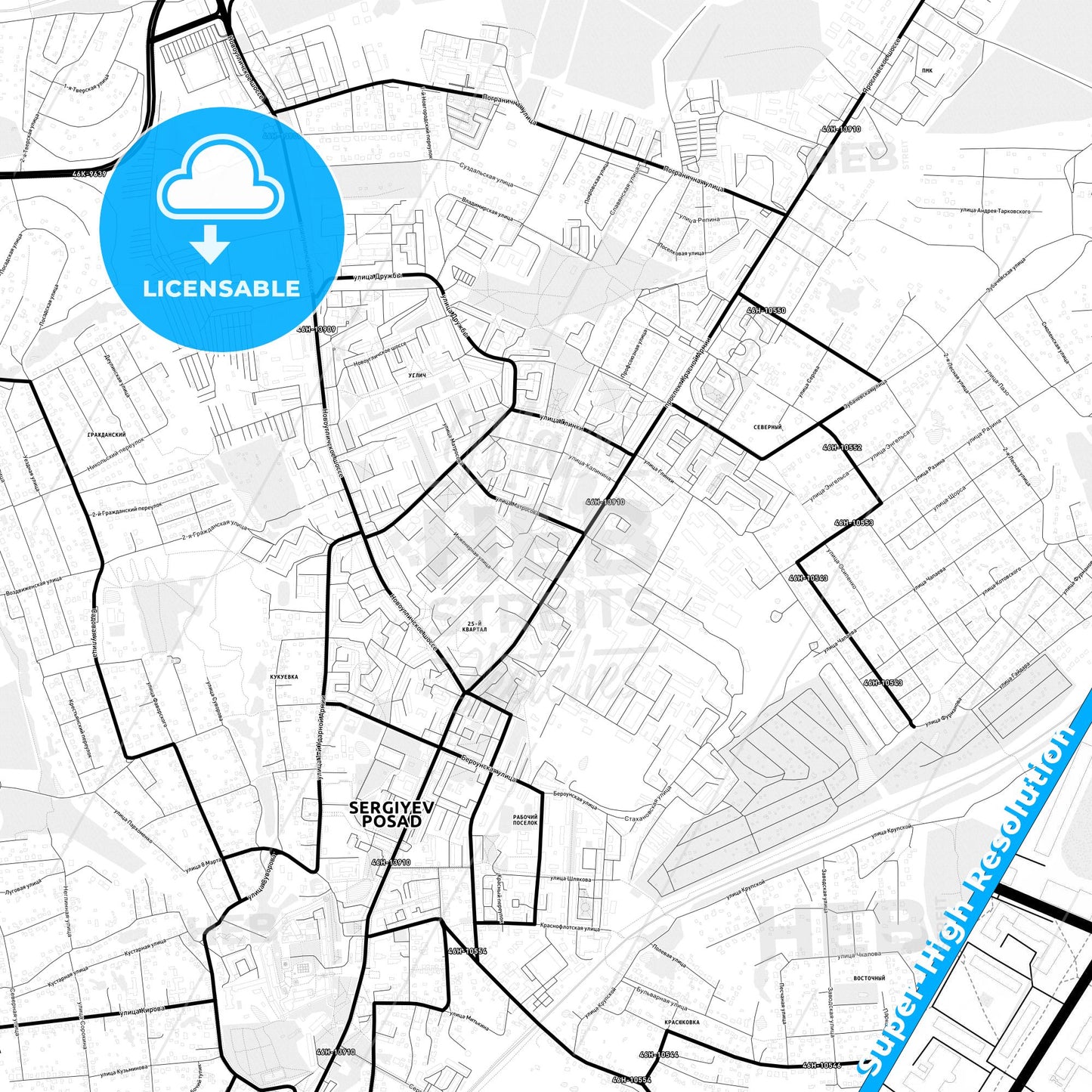 Sergiyev Posad, Russia Light Map with Street Names, City Names, and Districts