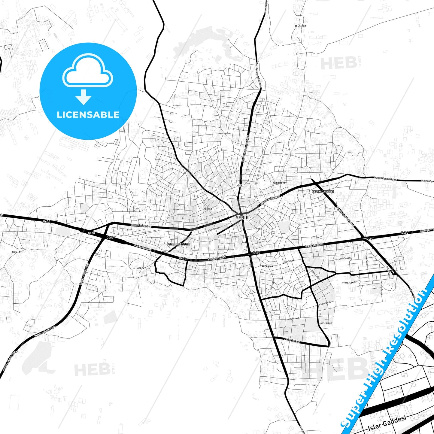 Serik, Turkey Light Map with Street Names, City Names, and Districts