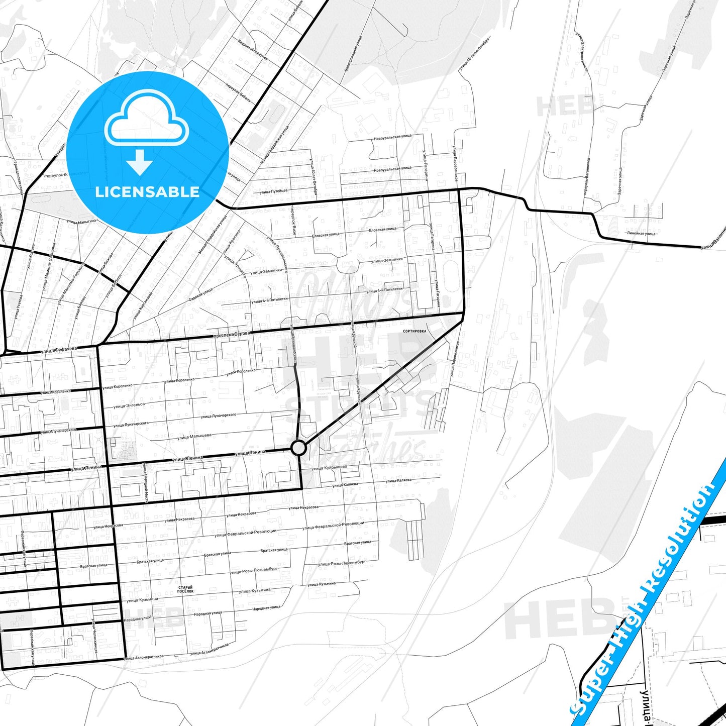 Serov, Russia Light Map with Street Names, City Names, and Districts