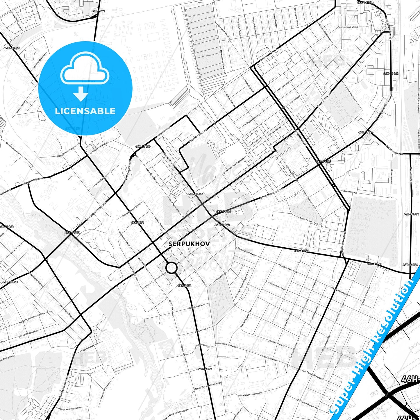 Serpukhov, Russia Light Map with Street Names, City Names, and Districts