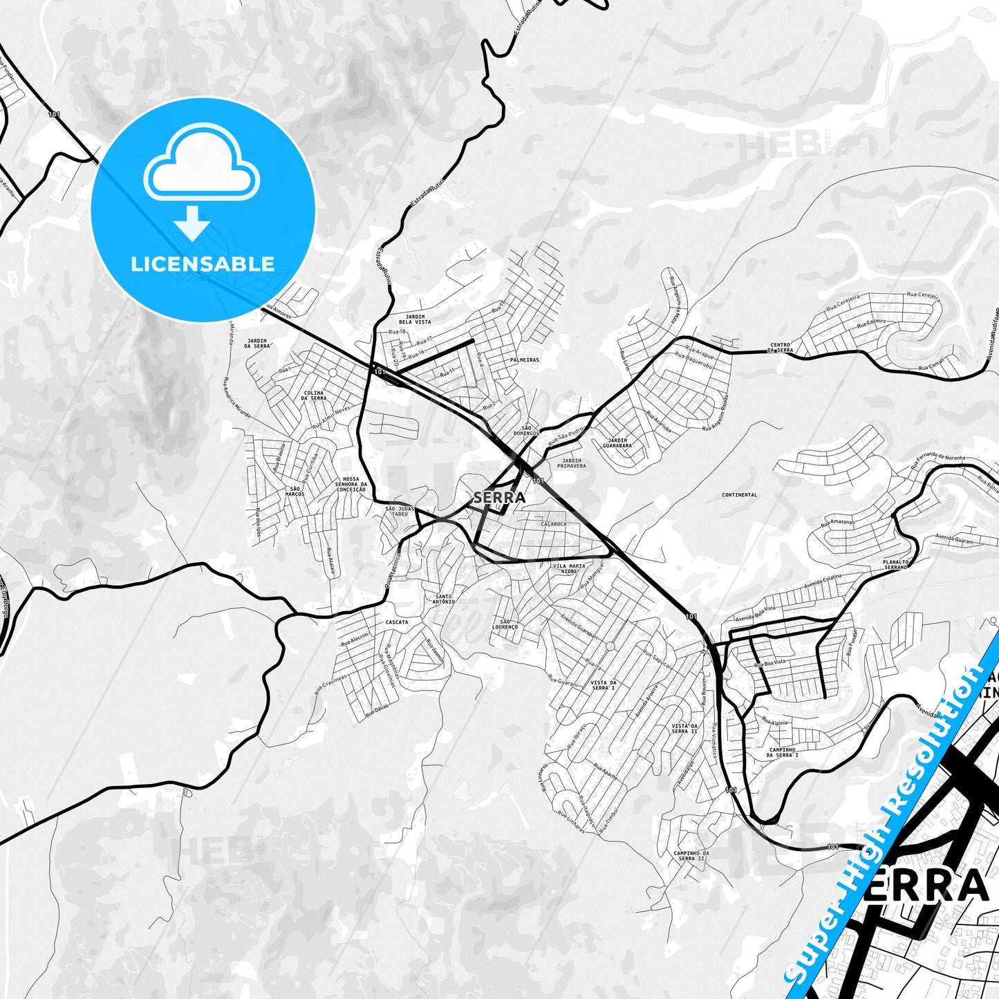 Serra, Brazil Light Map with Street Names, City Names, and Districts