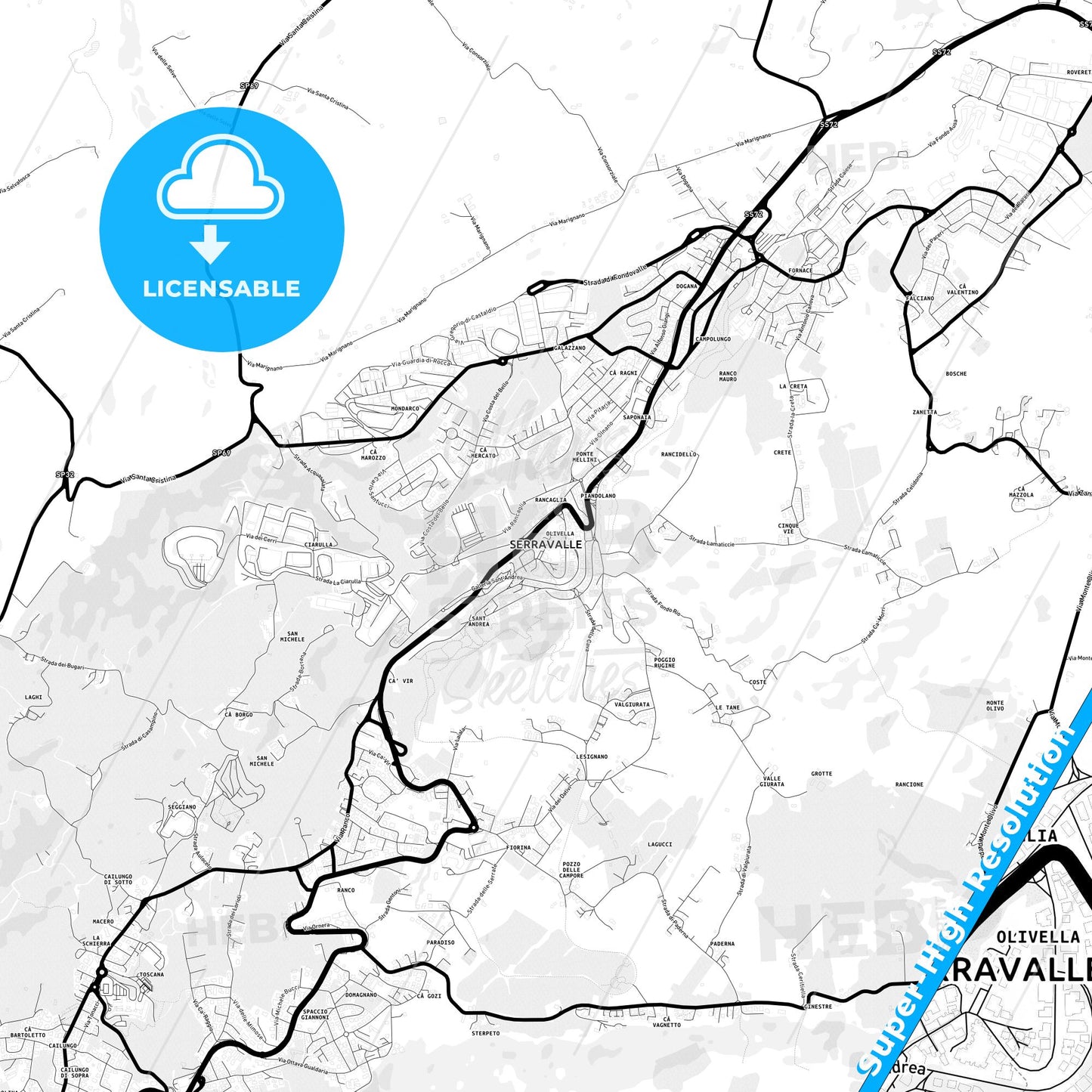 Serravalle, San Marino Light Map with Street Names, City Names, and Districts