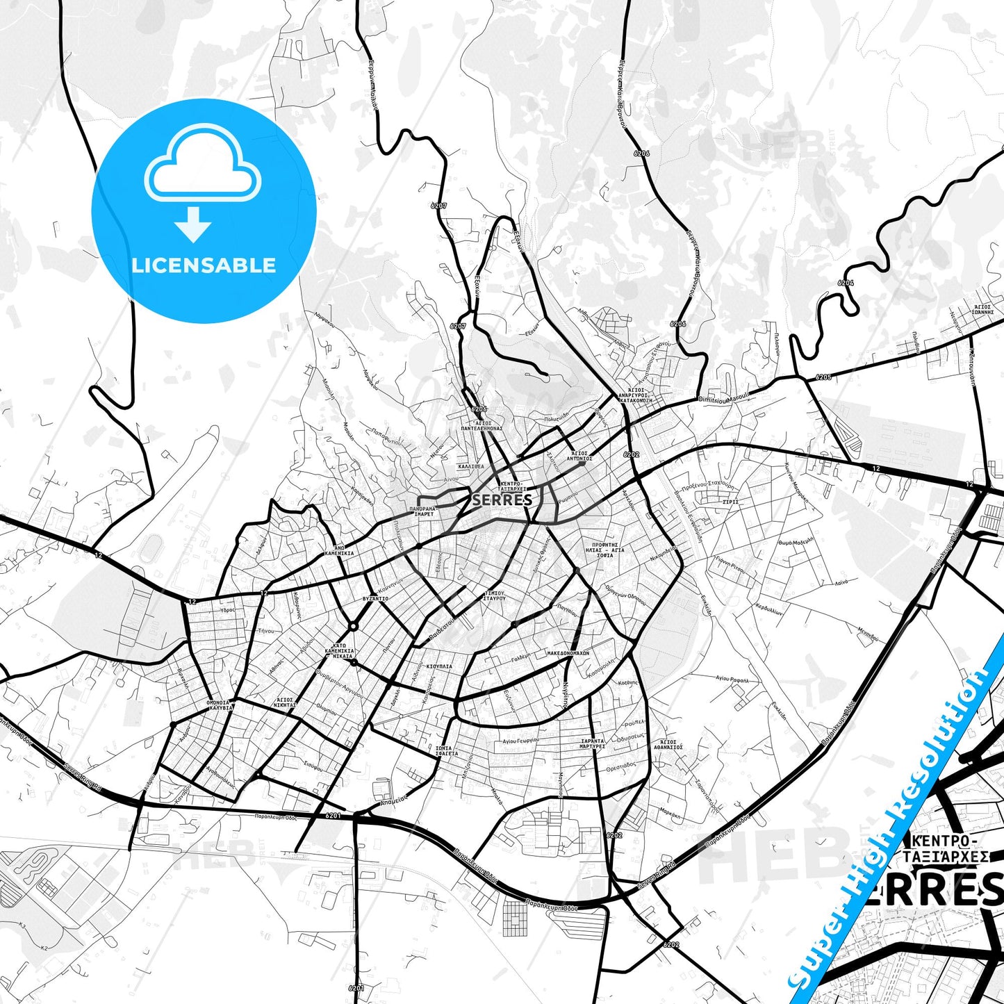 Serres, Greece Light Map with Street Names, City Names, and Districts