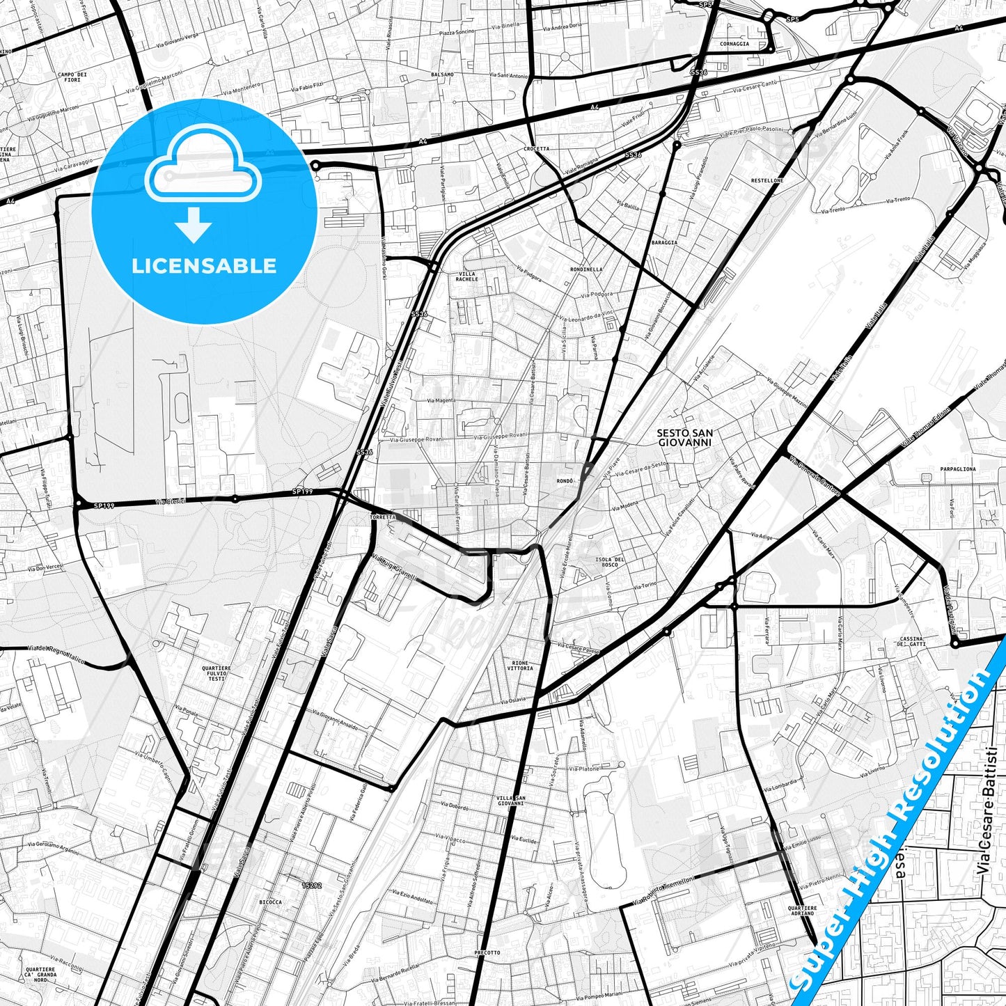 Sesto San Giovanni, Italy Light Map with Street Names, City Names, and Districts