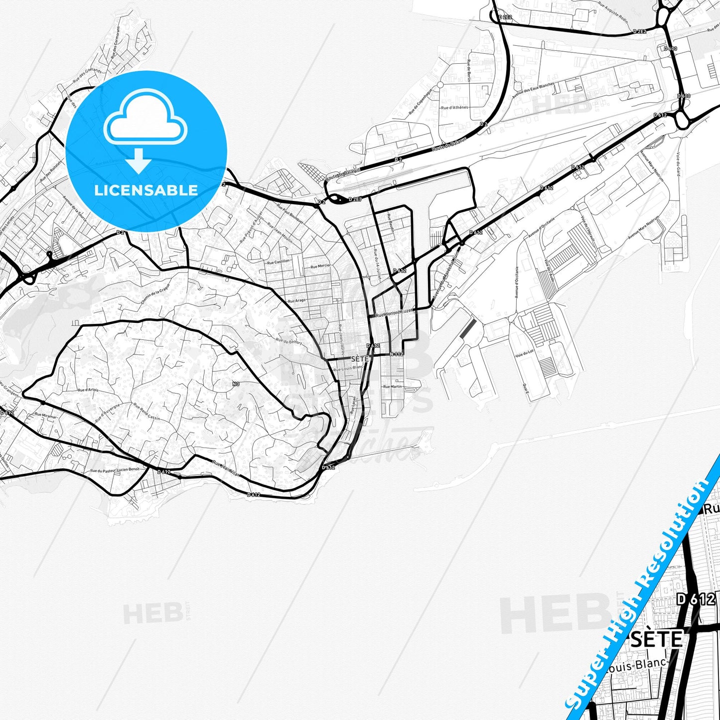Sète, France Light Map with Street Names, City Names, and Districts
