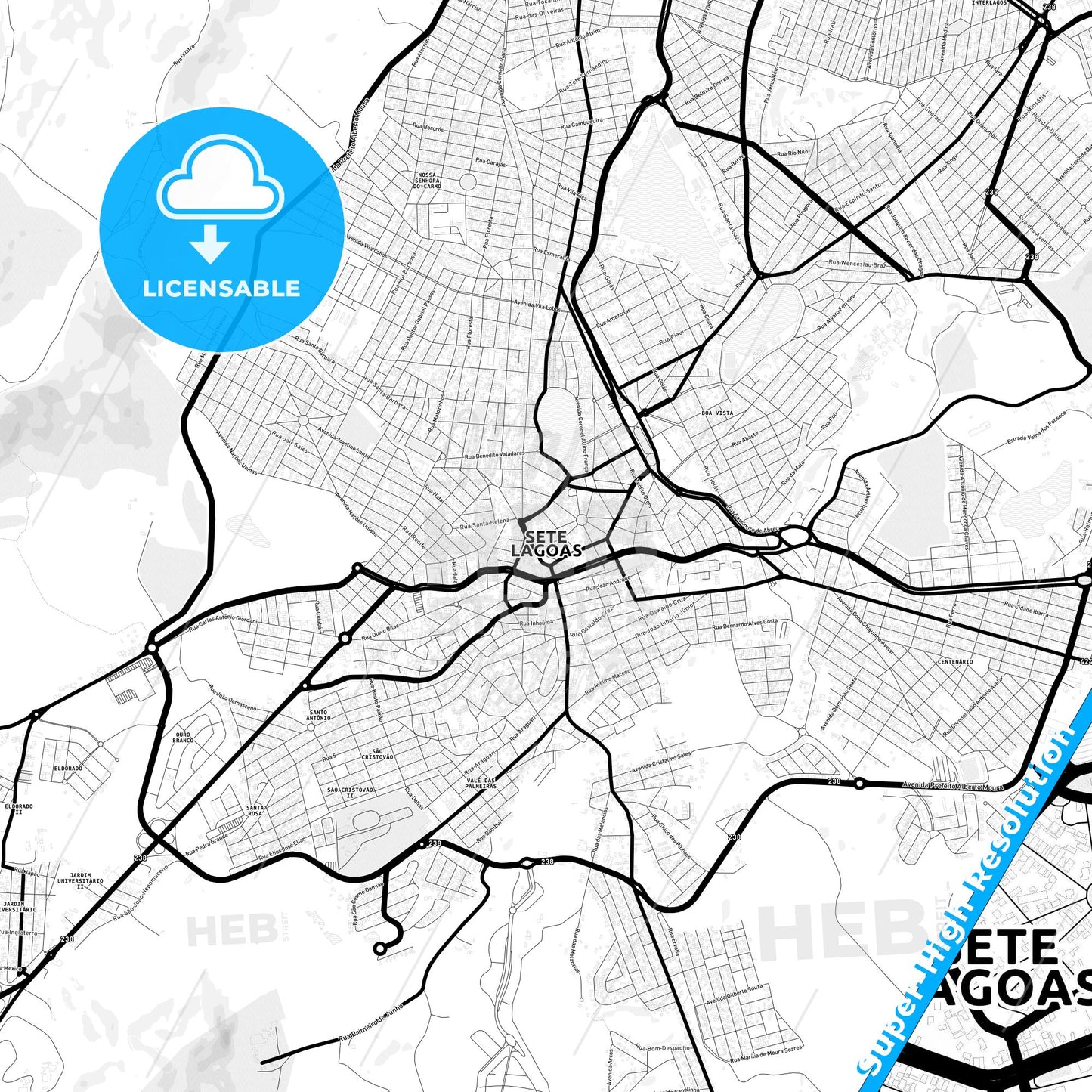 Sete Lagoas, Brazil Light Map with Street Names, City Names, and Districts