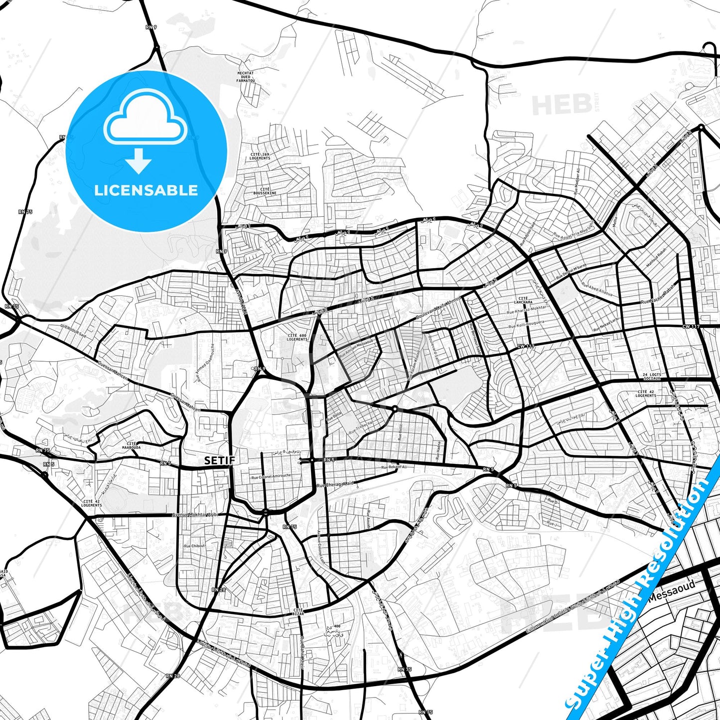 Setif, Algeria Light Map with Street Names, City Names, and Districts