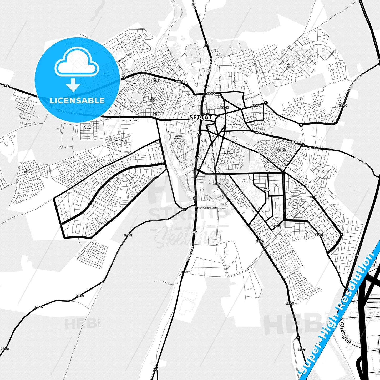 Settat, Morocco Light Map with Street Names, City Names, and Districts