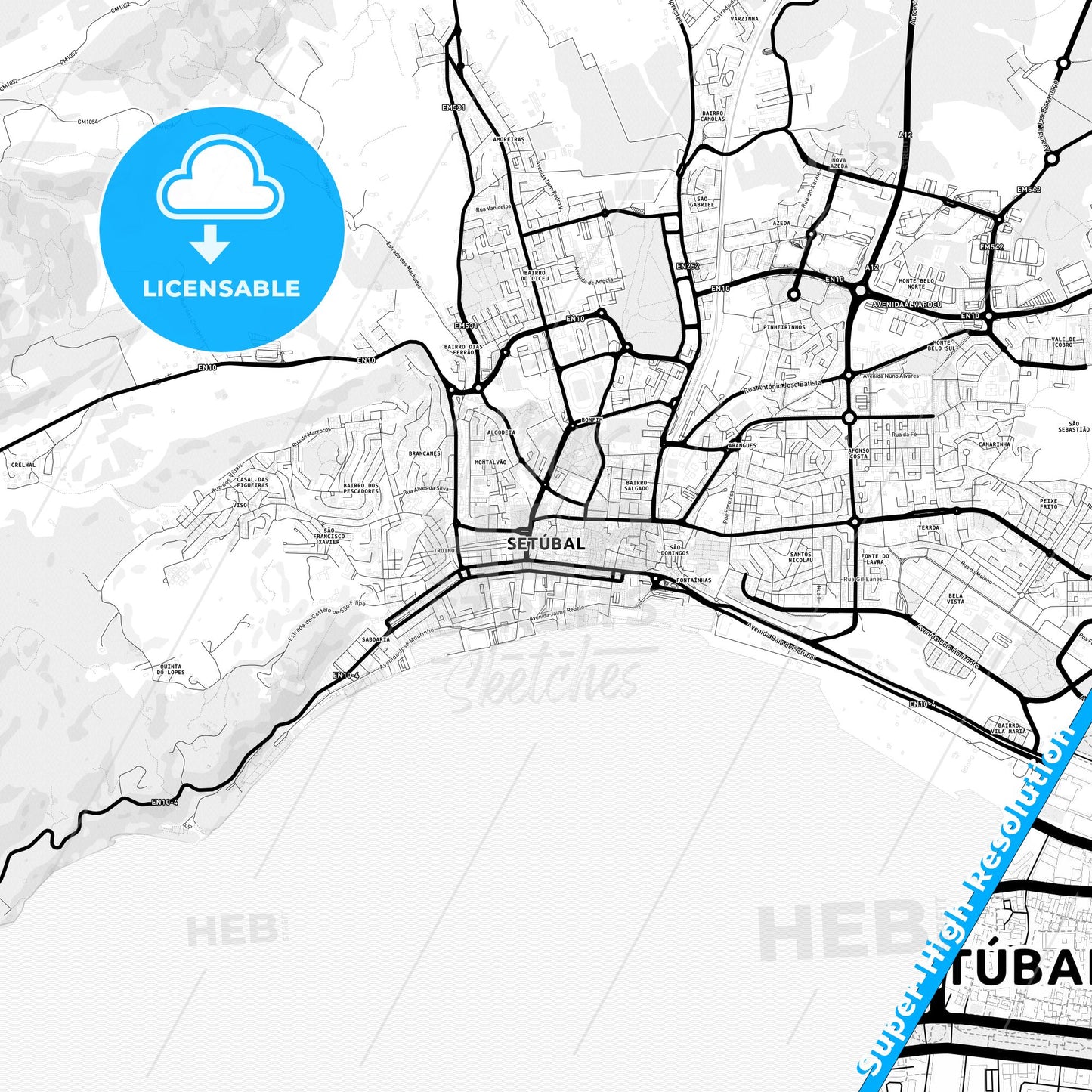 Setúbal, Portugal Light Map with Street Names, City Names, and Districts