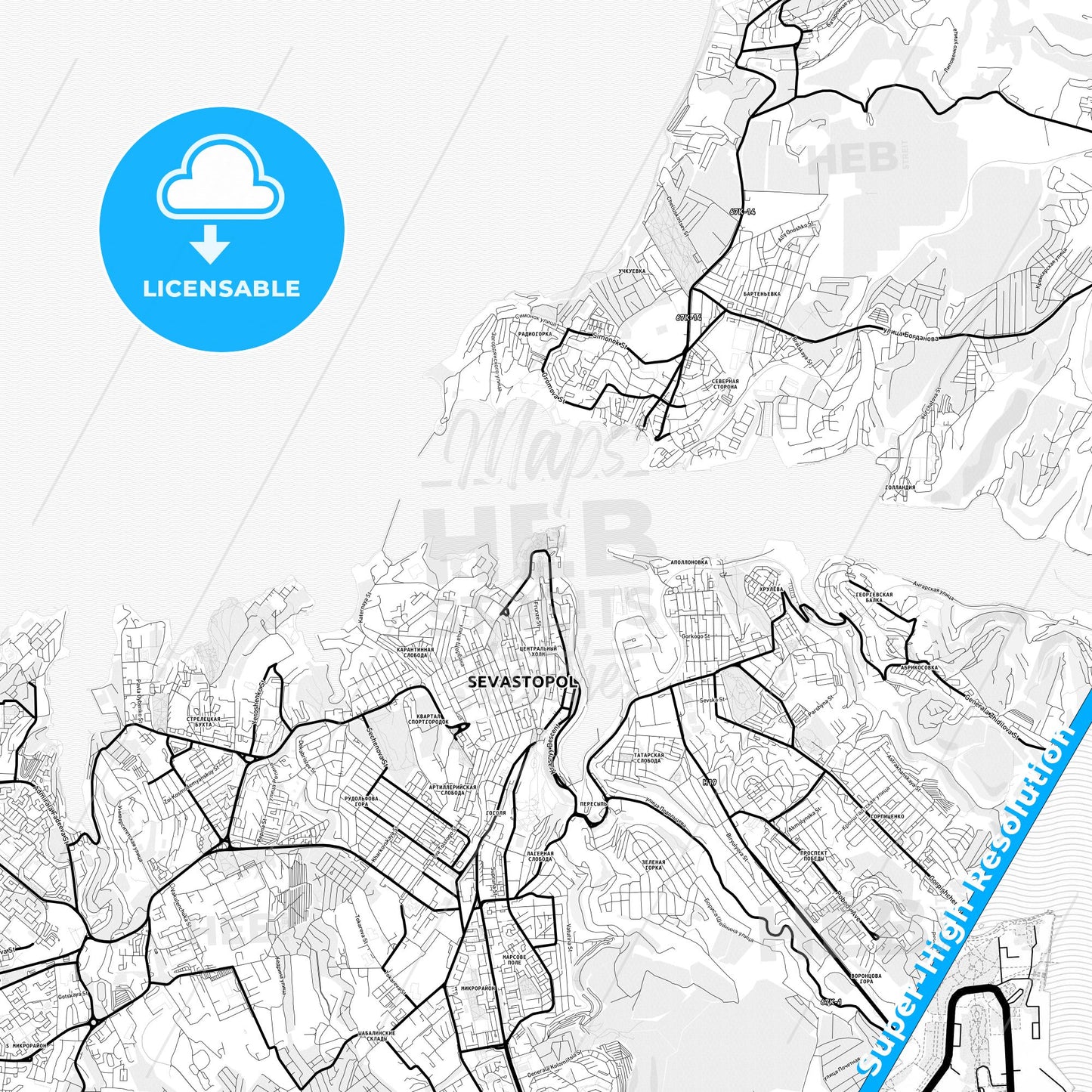 Sevastopol, Ukraine Light Map with Street Names, City Names, and Districts