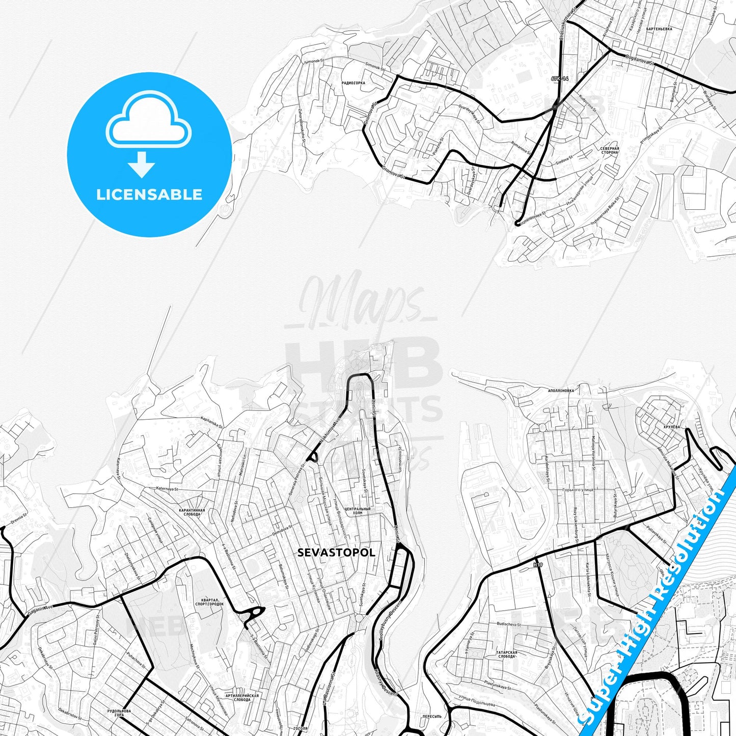 Sevastopol, Ukraine Light Map with Street Names, City Names, and Districts