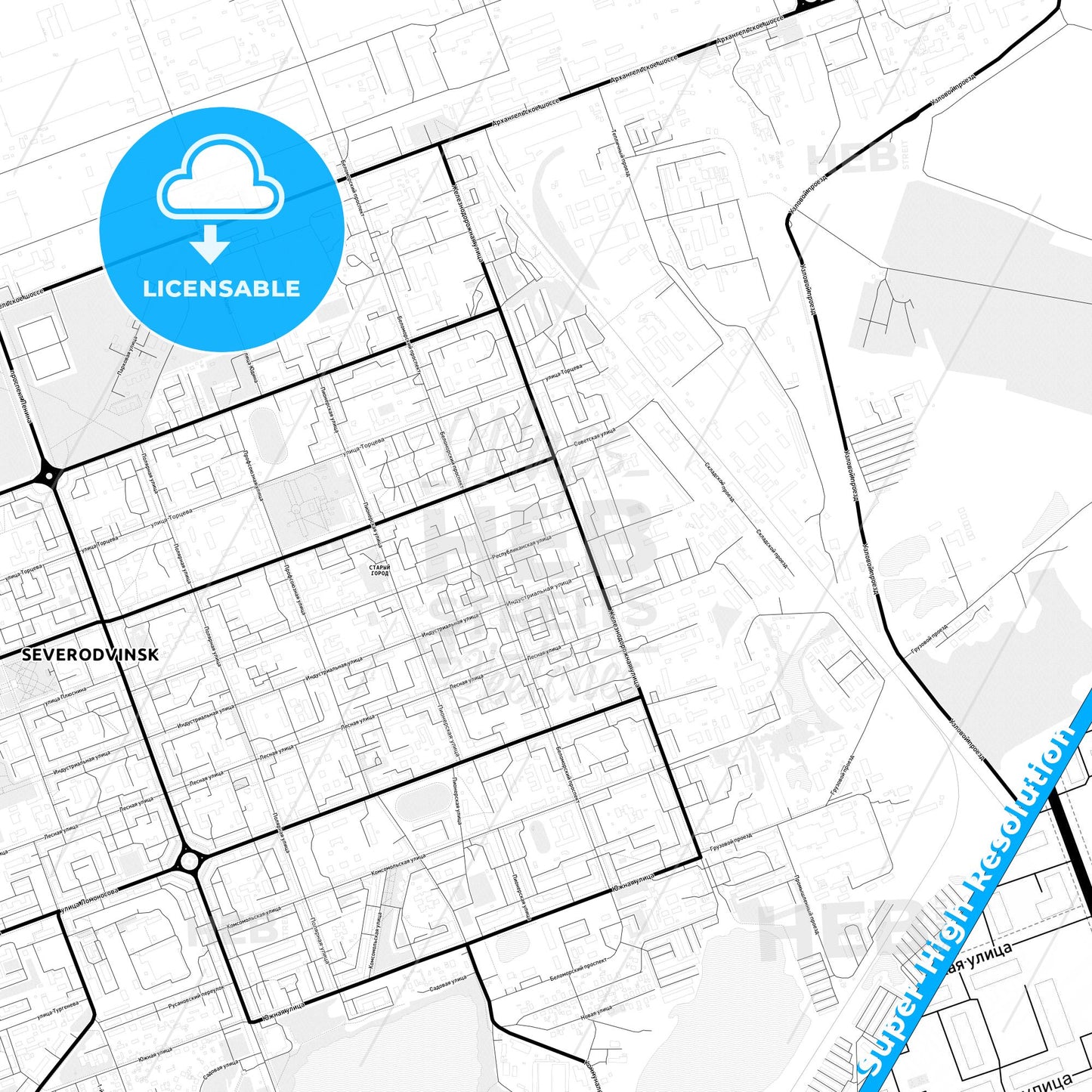 Severodvinsk, Russia Light Map with Street Names, City Names, and Districts