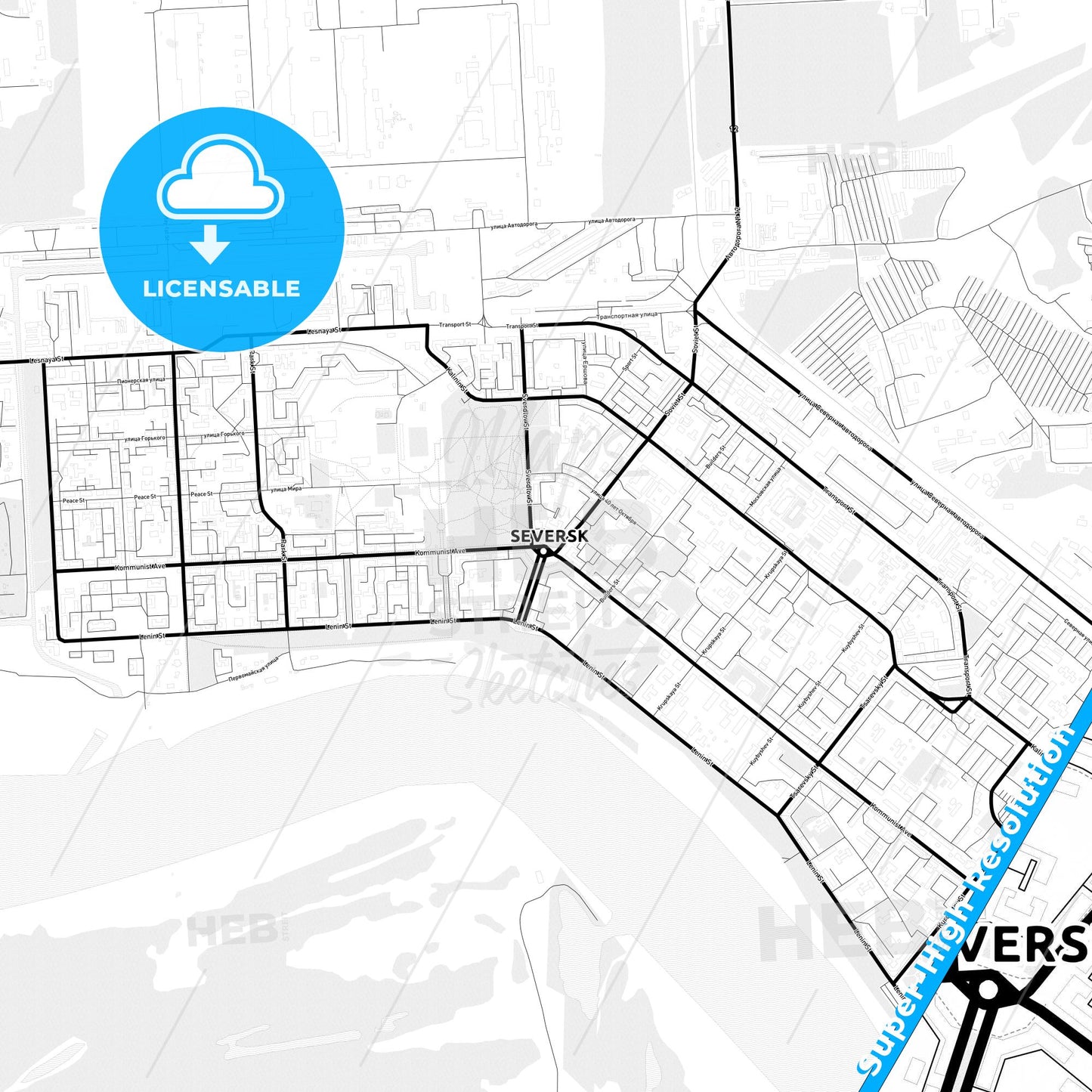 Seversk, Russia Light Map with Street Names, City Names, and Districts
