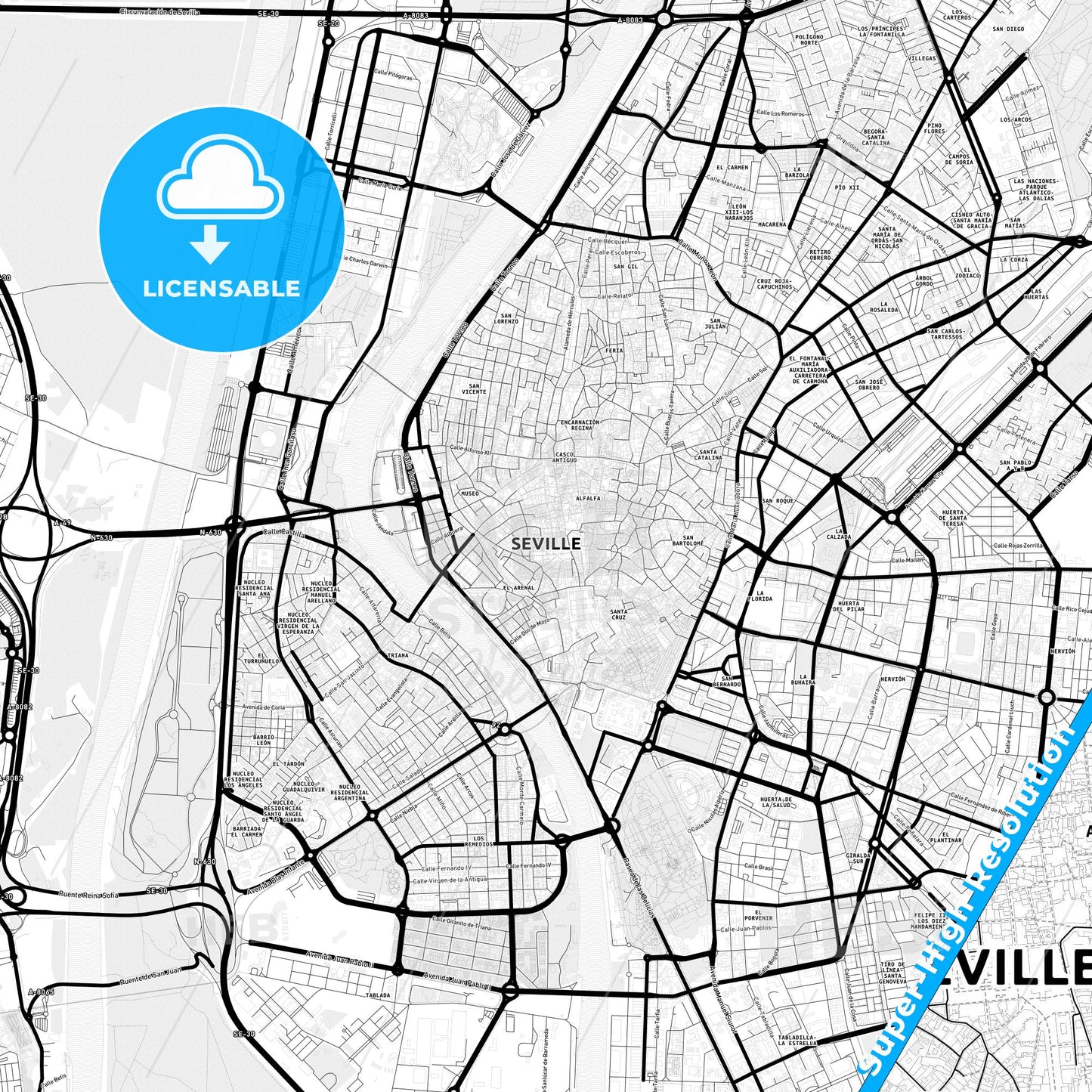 Sevilla, Spain Light Map with Street Names, City Names, and Districts