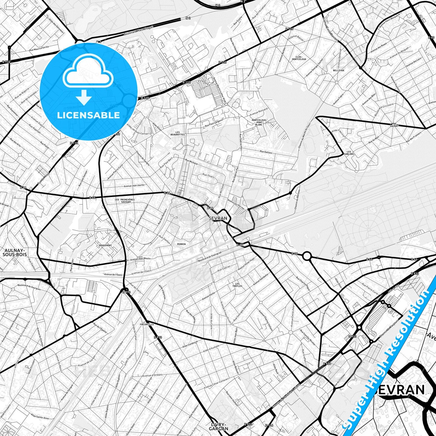 Sevran, France Light Map with Street Names, City Names, and Districts