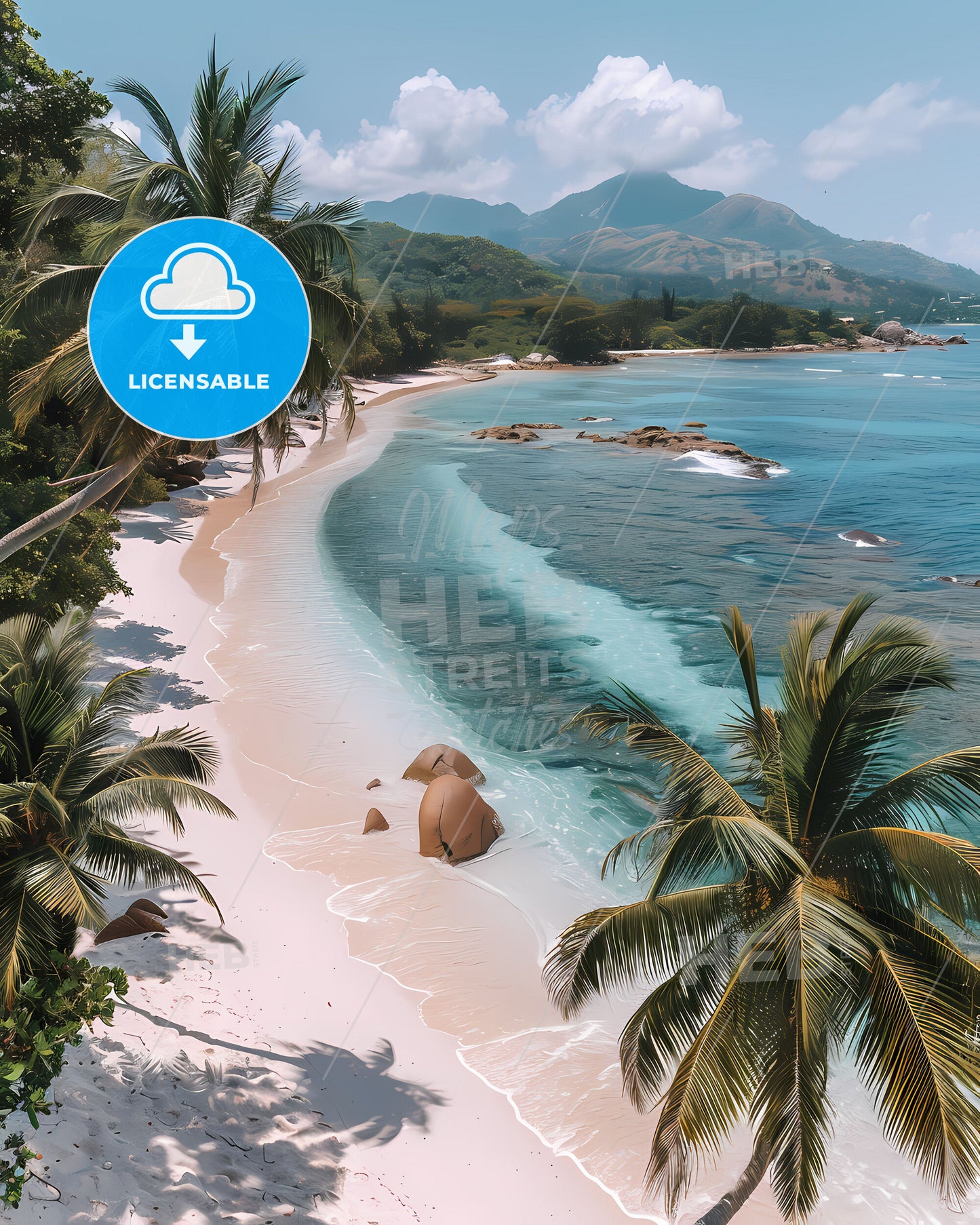 Colorful Seychelles Beach Painting, Palm Trees, Sandy Shore, Abstract Art