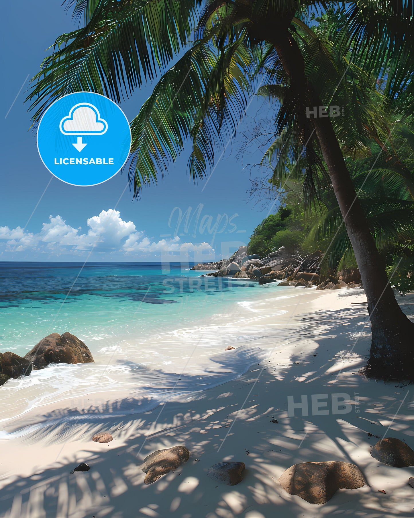Tropical Serenity: Hand-Painted Beach Paradise with Palm Trees and Rocky Shore, Seychelles, Africa