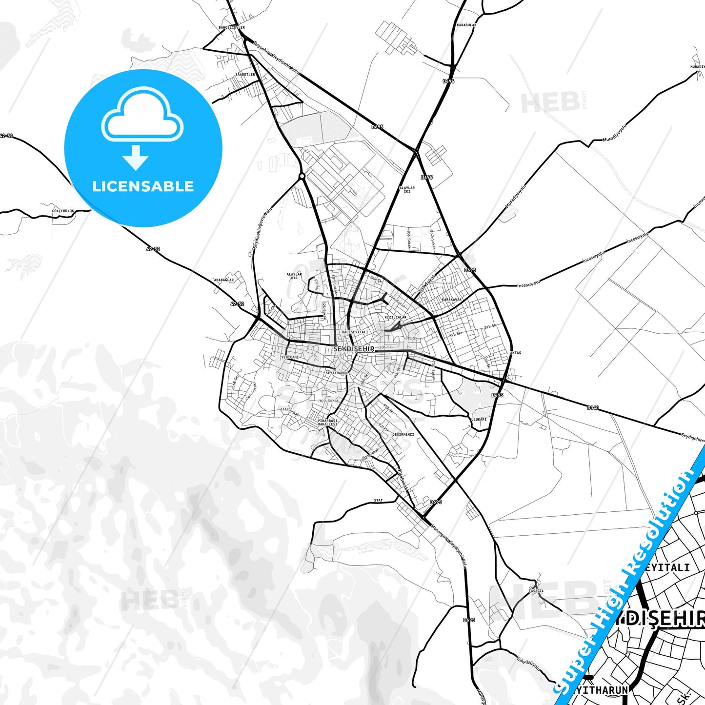 Seydişehir, Turkey Light Map with Street Names, City Names, and Districts