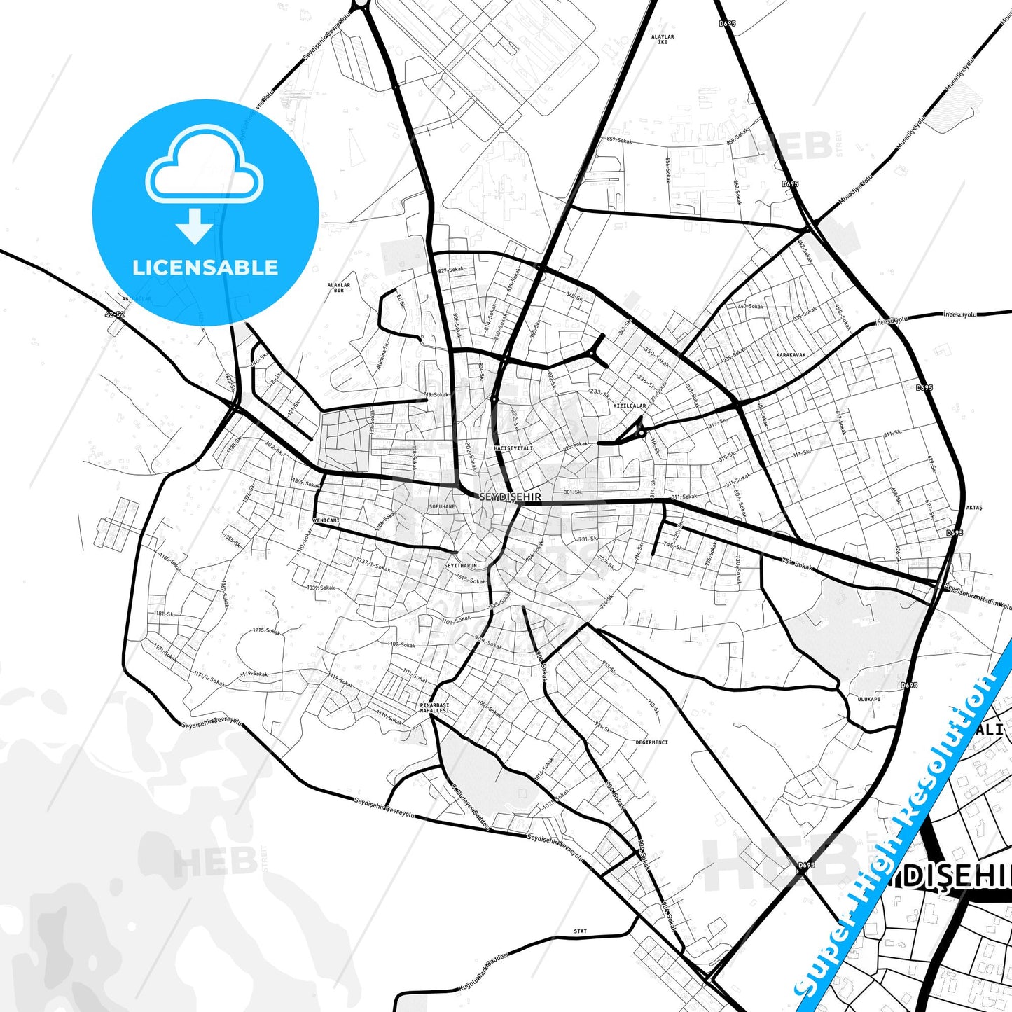 Seydişehir, Turkey Light Map with Street Names, City Names, and Districts