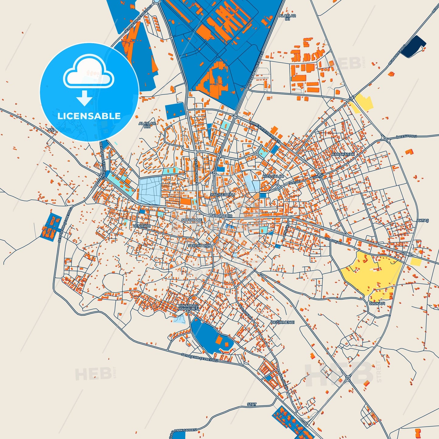Colorful Seydişehir Street Map with Labels and Buildings